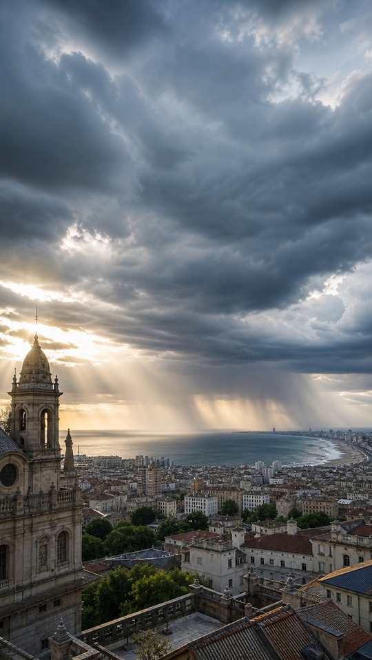 Stormy Weather Cityscape & Sunbeams - 4K Wallpaper