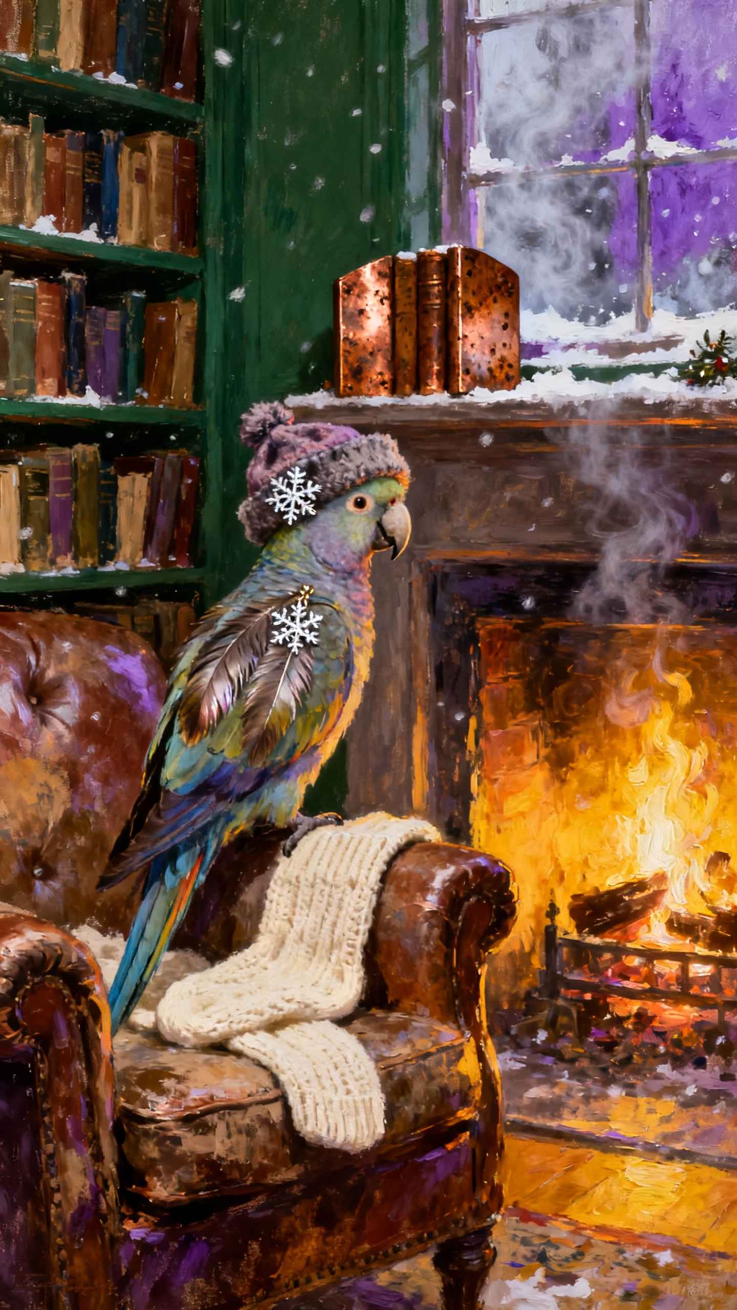 Winter Parrot Fireplace Scene - 4K Wallpapers