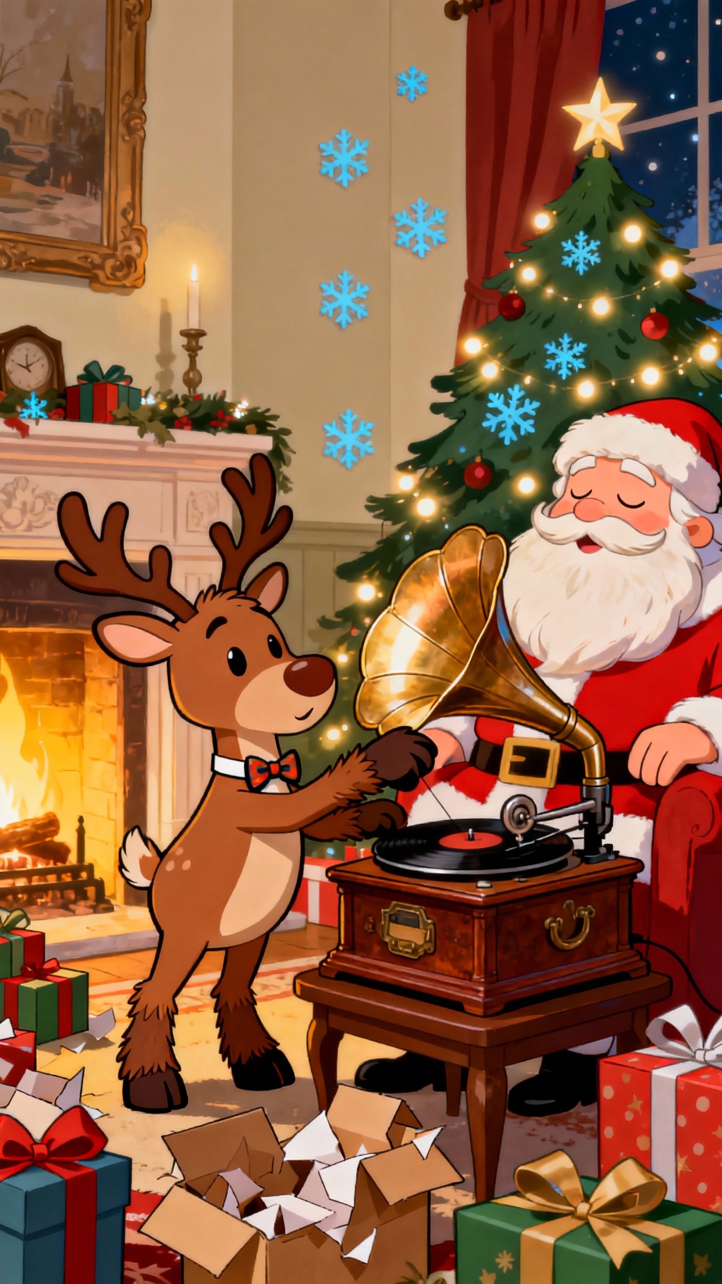 Weihnachtsmann mit Rentier und Grammophon - 4K Wallpaper