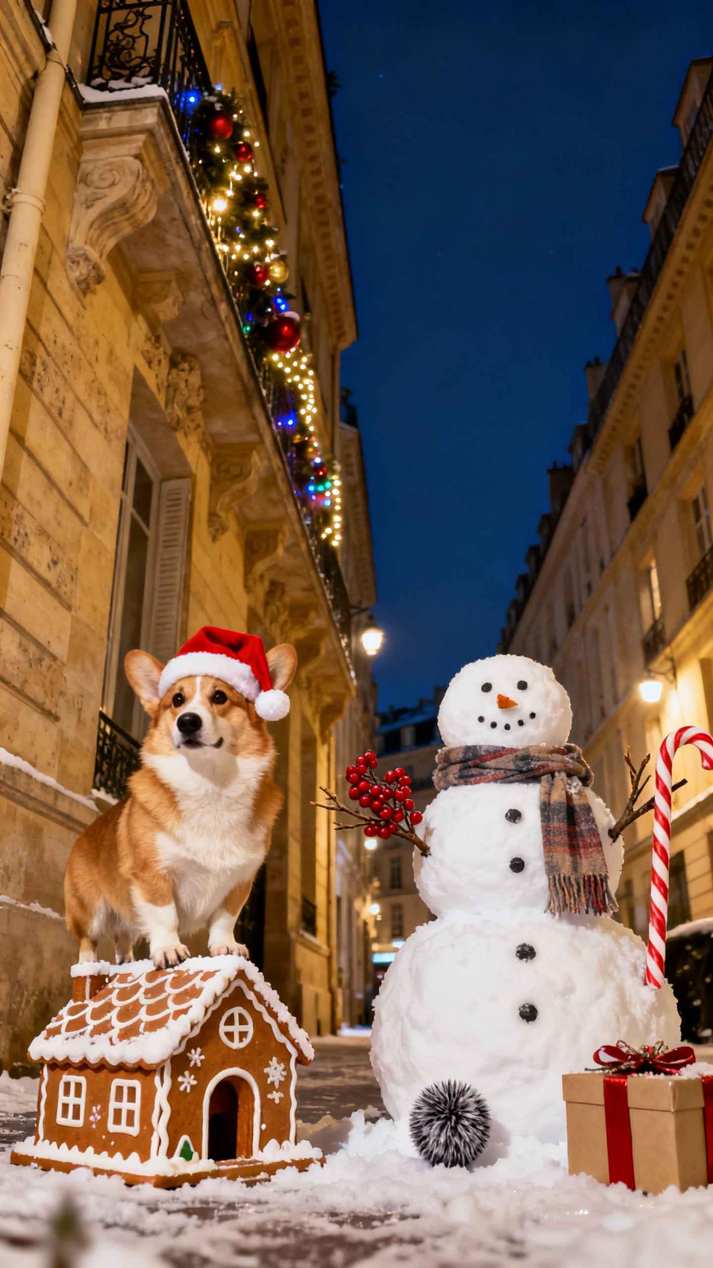 산타 모자를 쓴 웰시코기가 과자 집 위에 서 있고 옆에는 눈사람이 있는 겨울 밤 거리 풍경