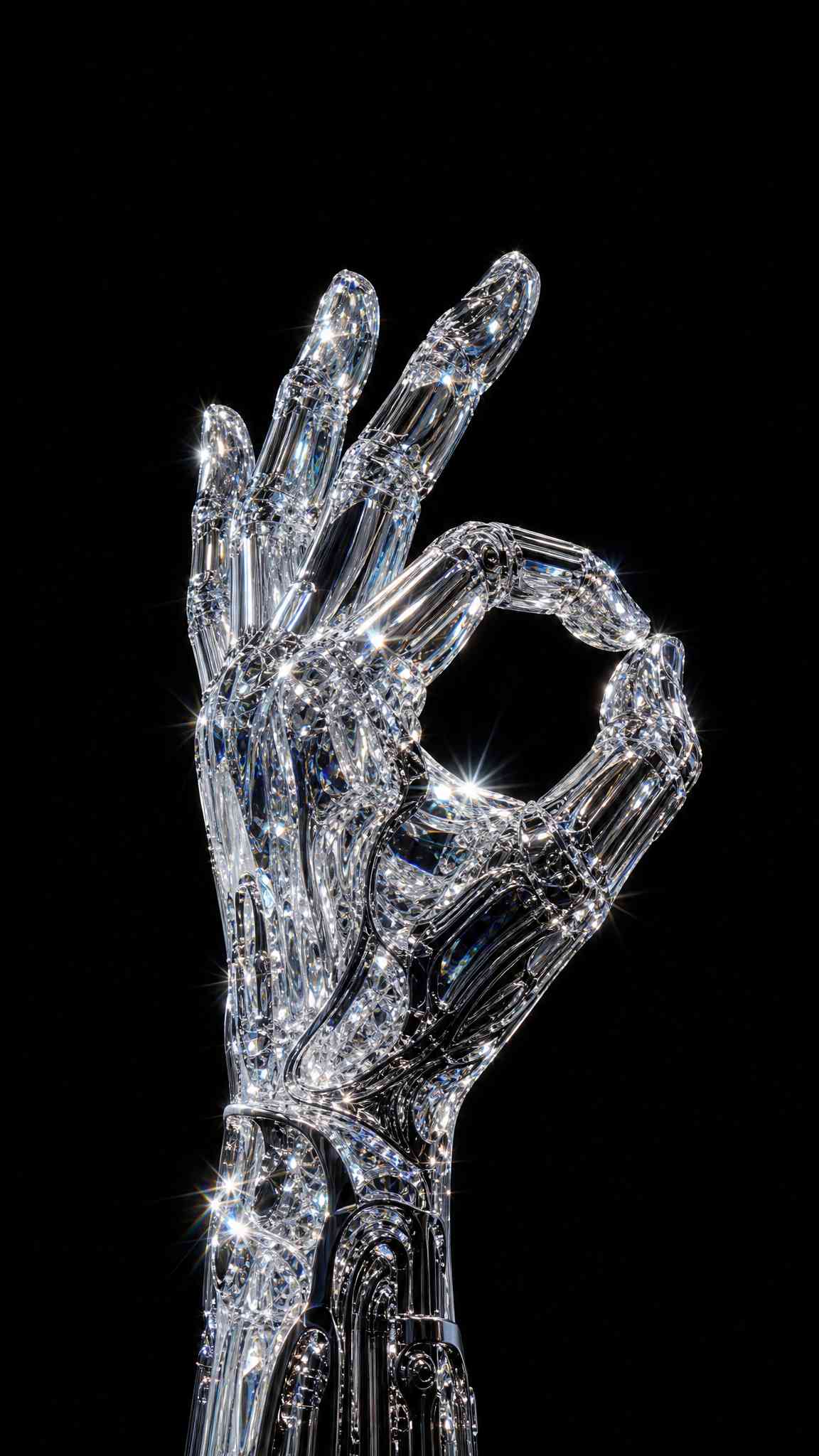 Crystal Robotic Hand OK Gesture - 4K Wallpaper