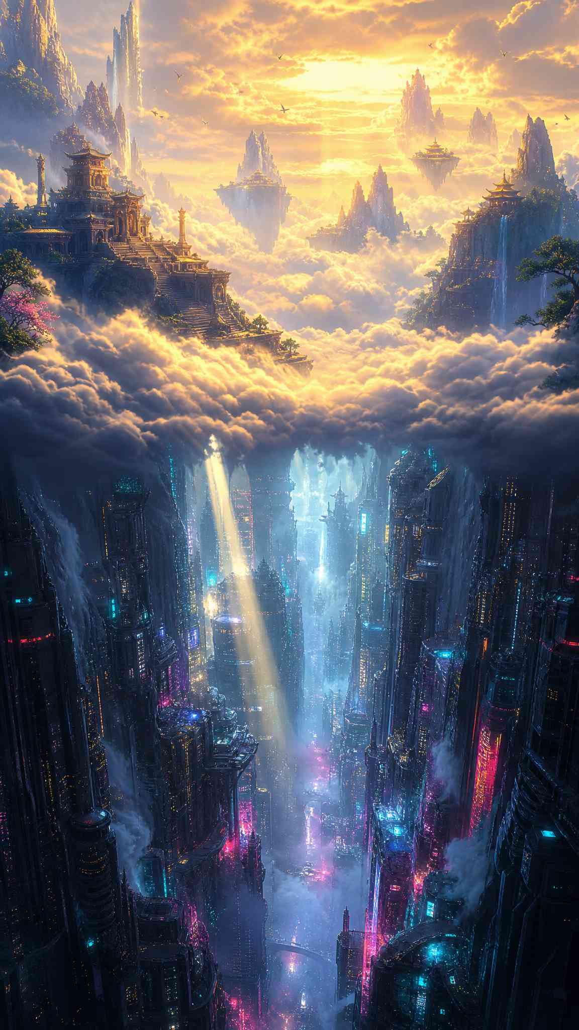 Celestial Palace & Cyberpunk City - 4K Wallpaper