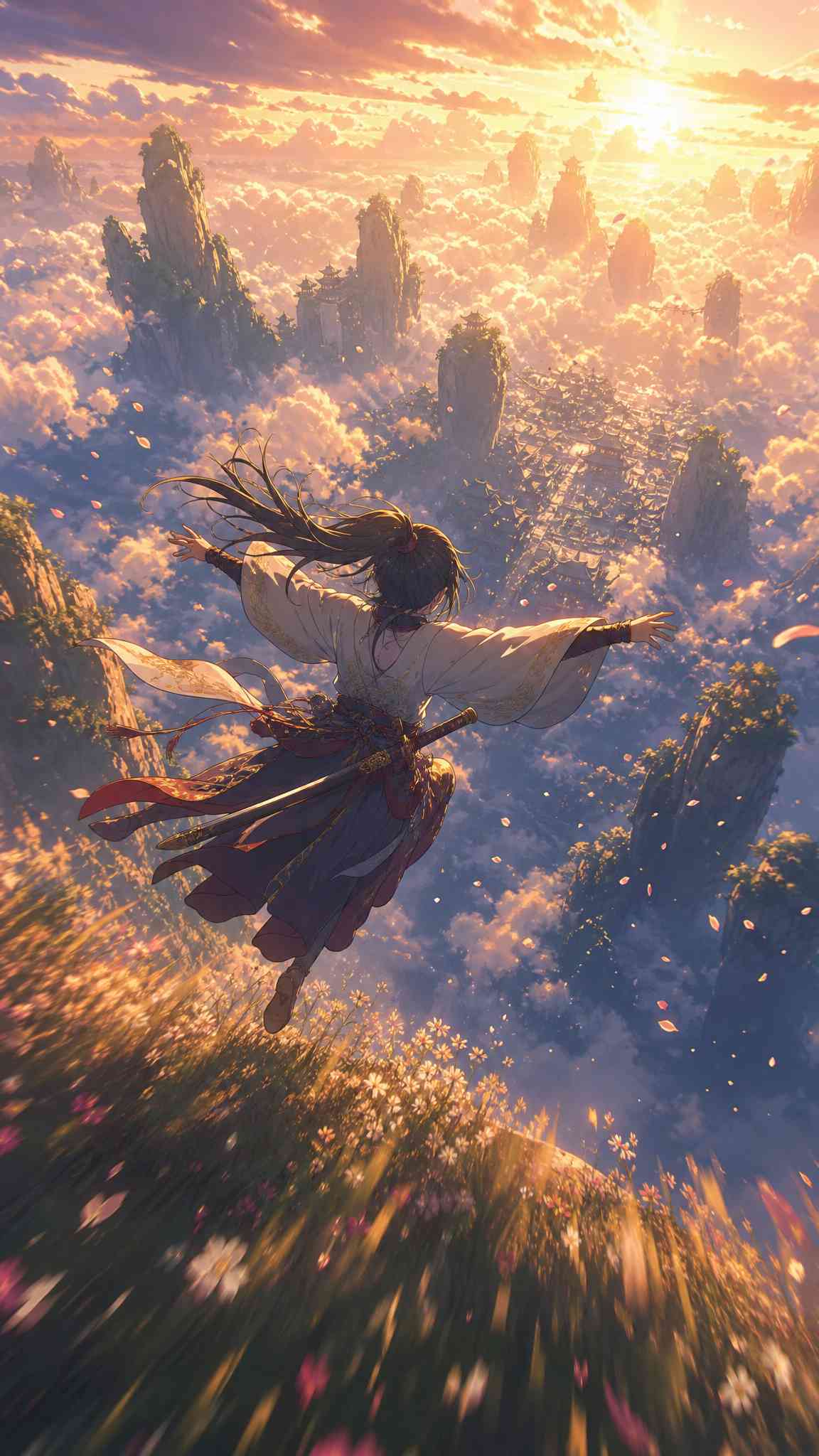 Epic Anime Warrior Flying Above Clouds at Sunset - 4K Mobile Wallpaper