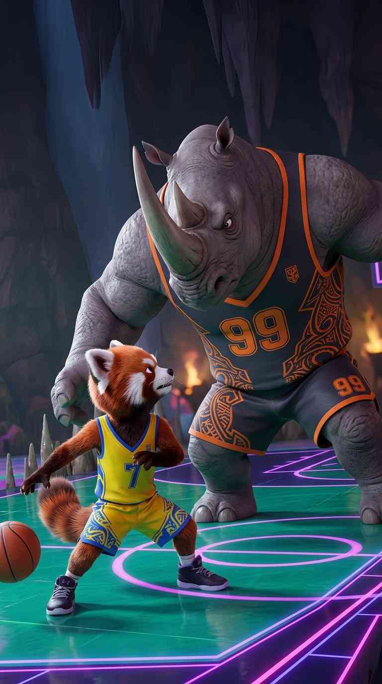 Panda Rojo y Rinoceronte Baloncesto - Fondo 4K