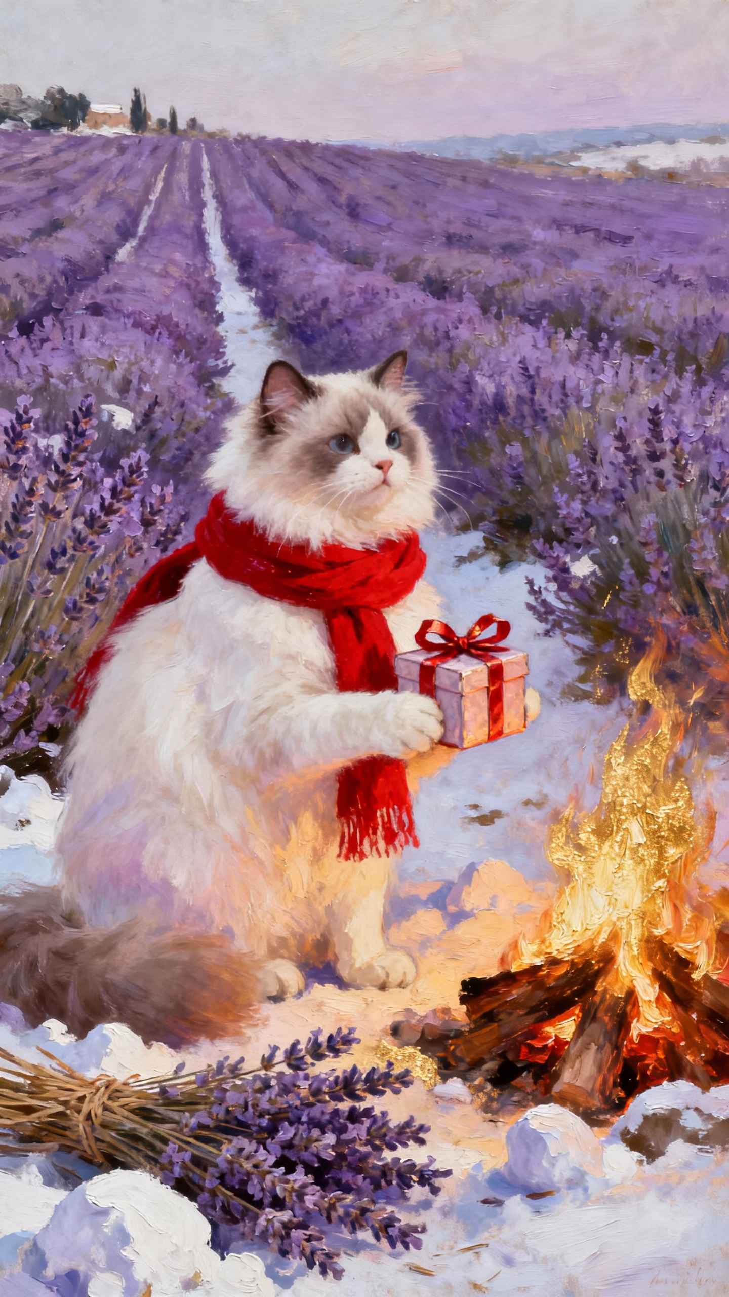 雪景色とラベンダーの猫 - 4K 待ち受け