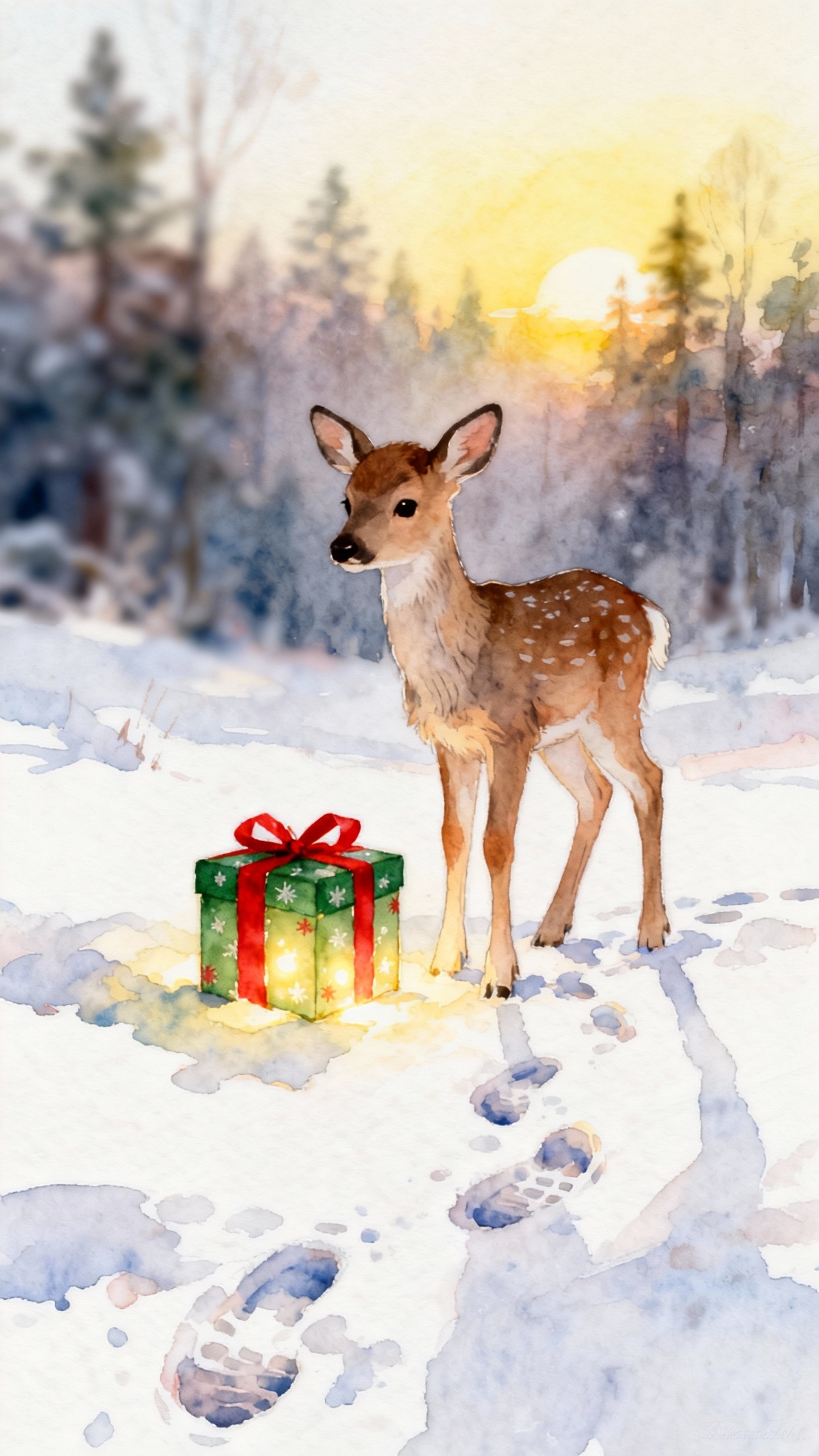 Winter Fawn with Glowing Gift - 4K Aesthetic Wallpaper