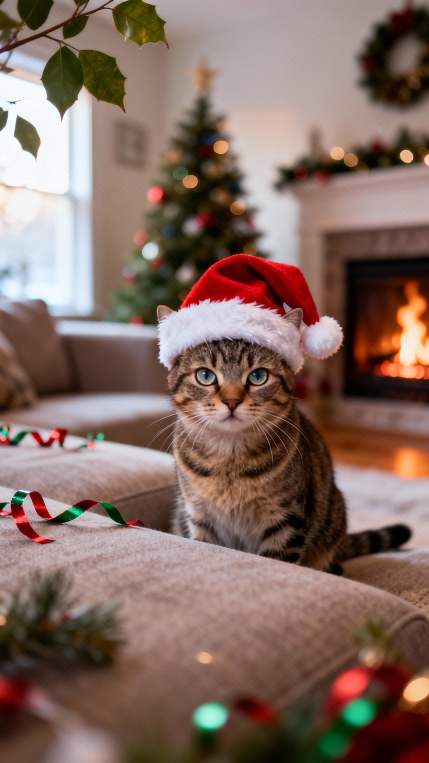 Christmas Cat Santa Hat - 4K Phone Background