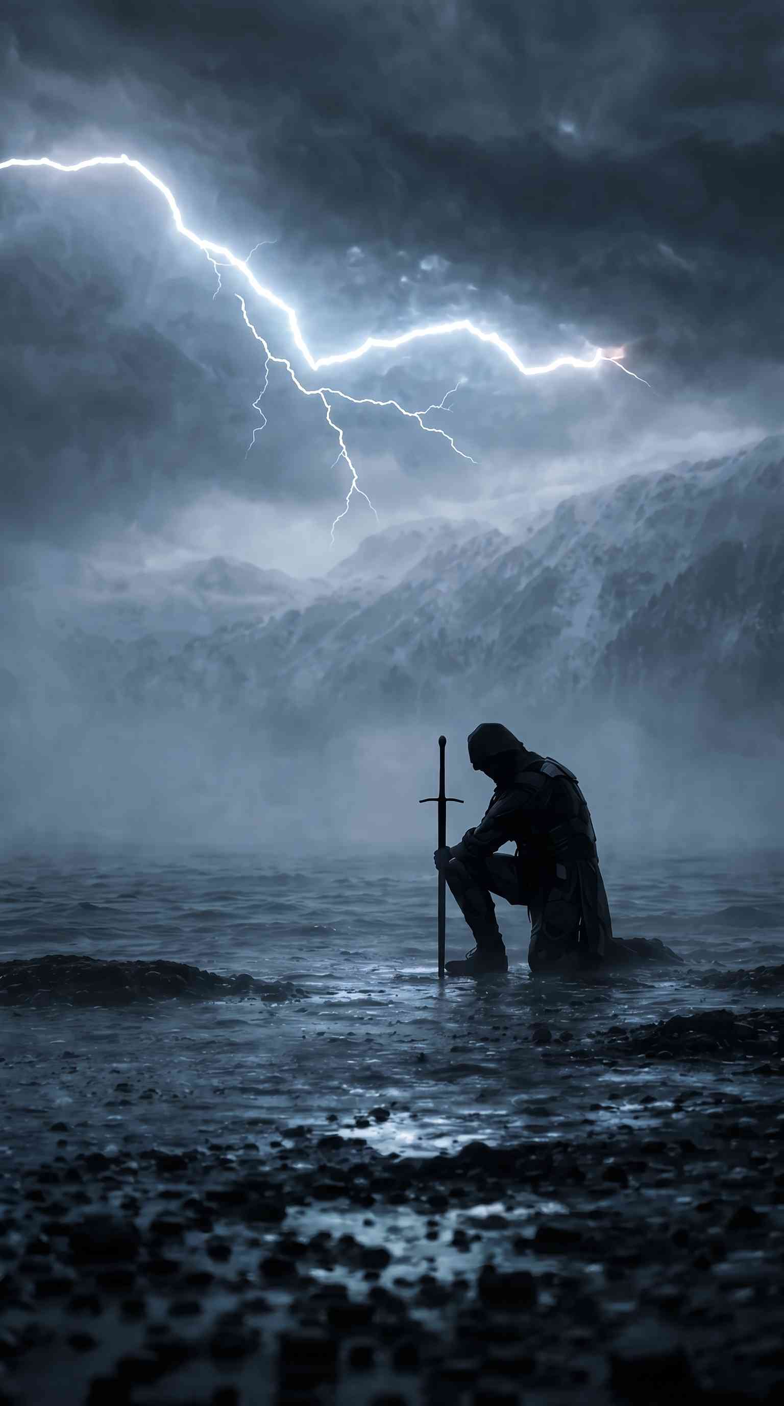 Kneeling Knight Lightning Storm - 4K Wallpaper