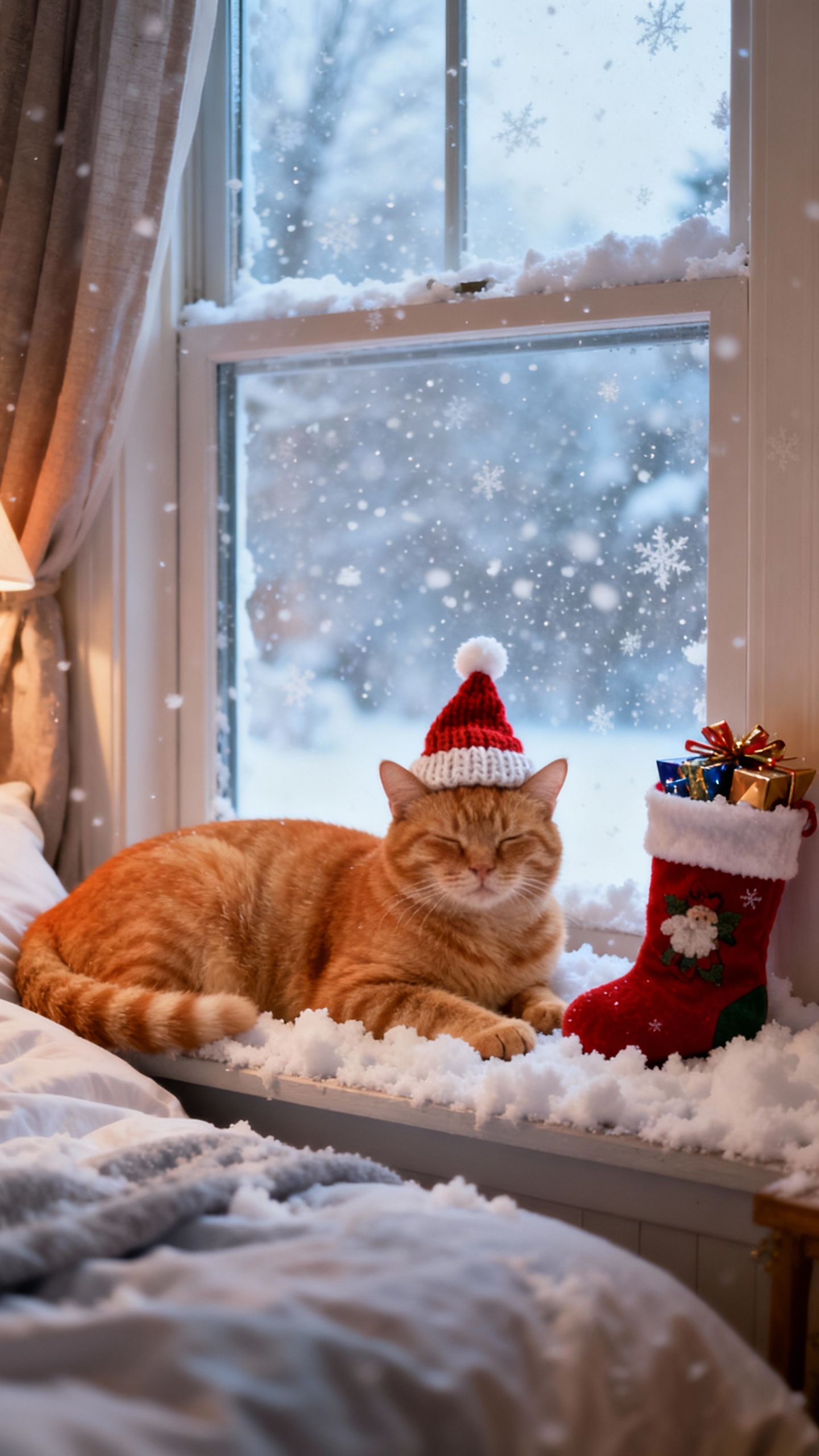 雪降る窓辺のサンタ猫 - 4K 待ち受け