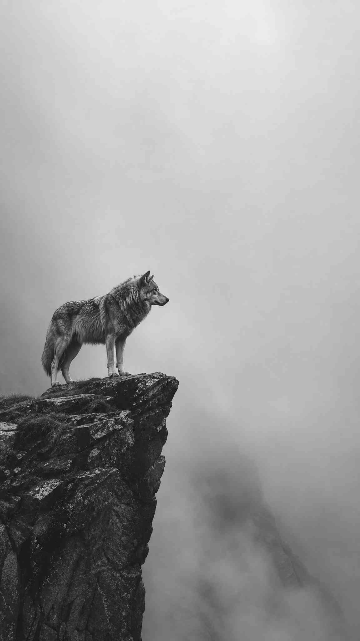 Wolf auf Klippe im Nebel - 4K Hintergrundbild