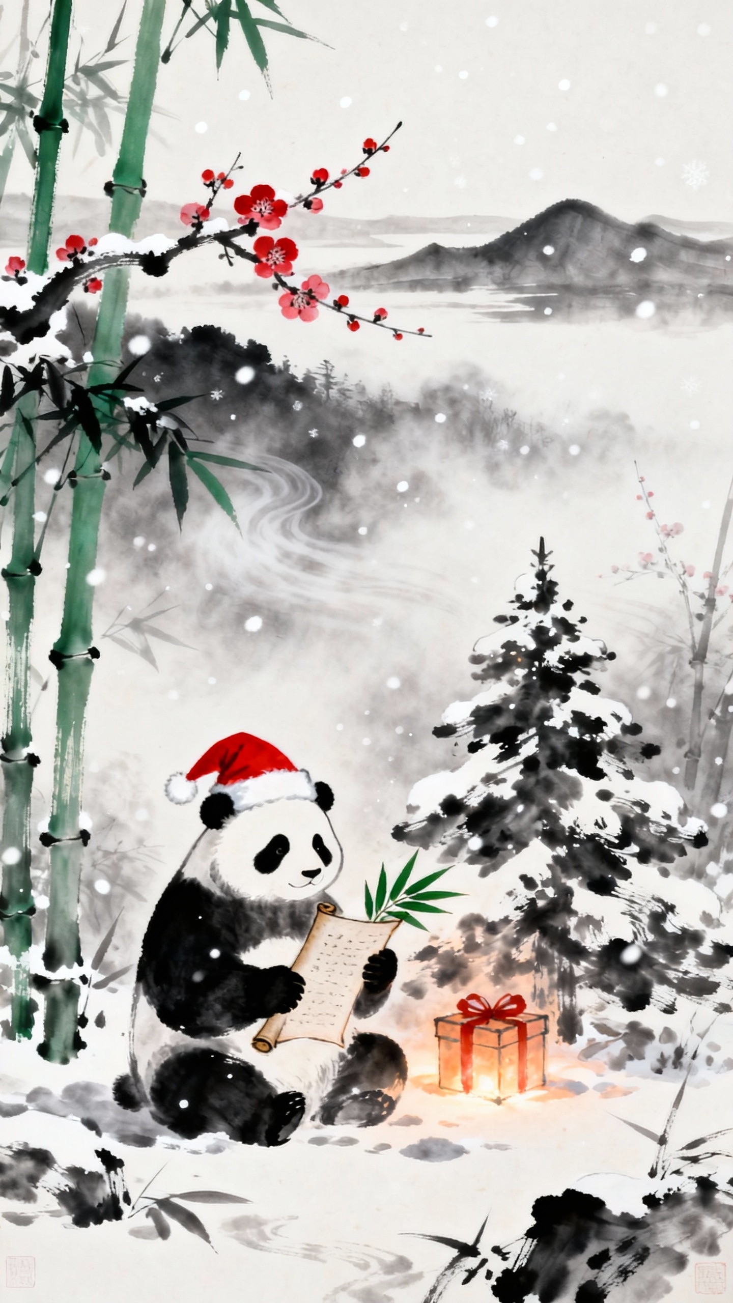 Christmas Panda Ink Painting - 4K Wallpapers