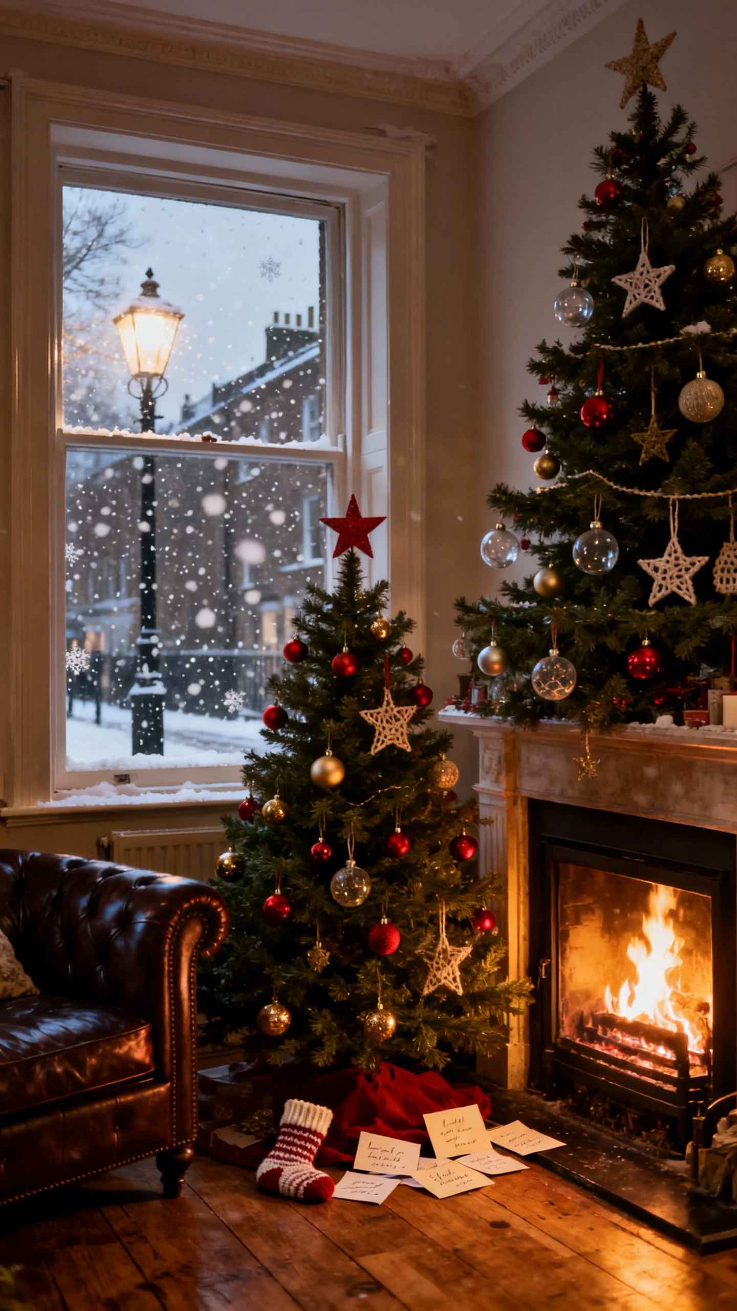 Weihnachtskamin und Winterlandschaft - 4K Wallpaper