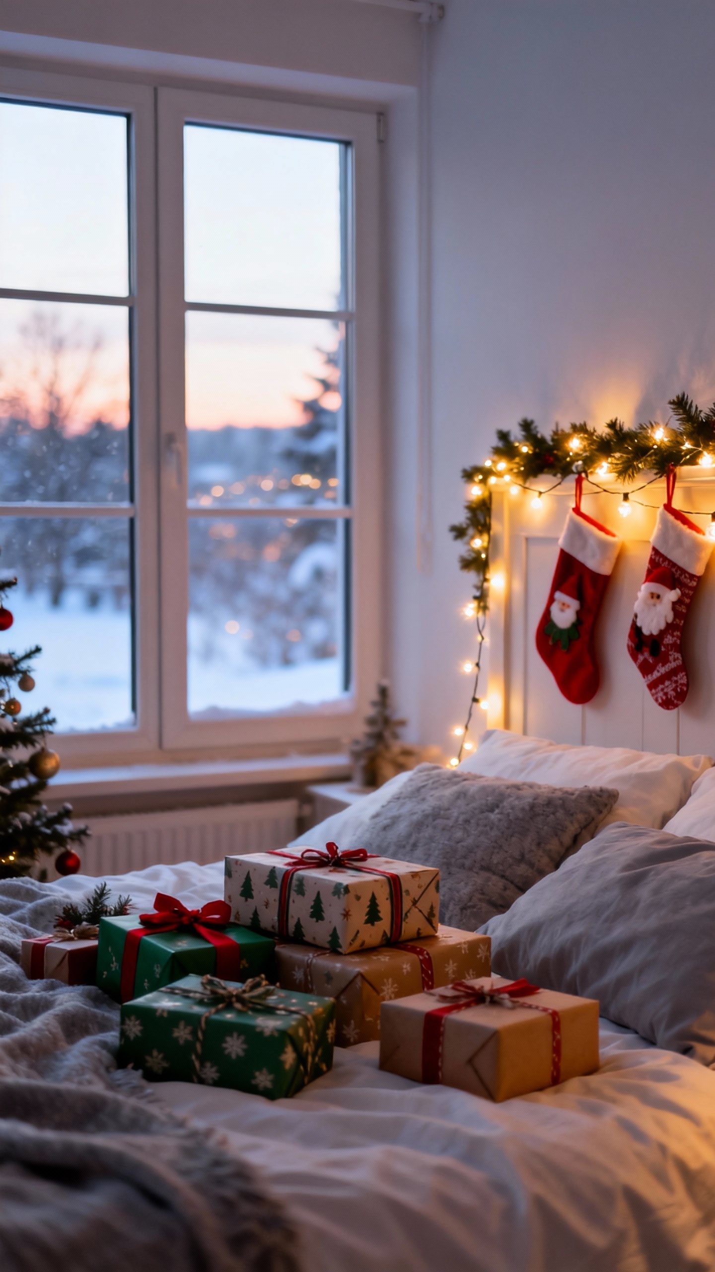침대 위에 선물들이 놓여 있고 창밖으로 눈 덮인 노을이 보이는 아늑한 크리스마스 장식의 침실.