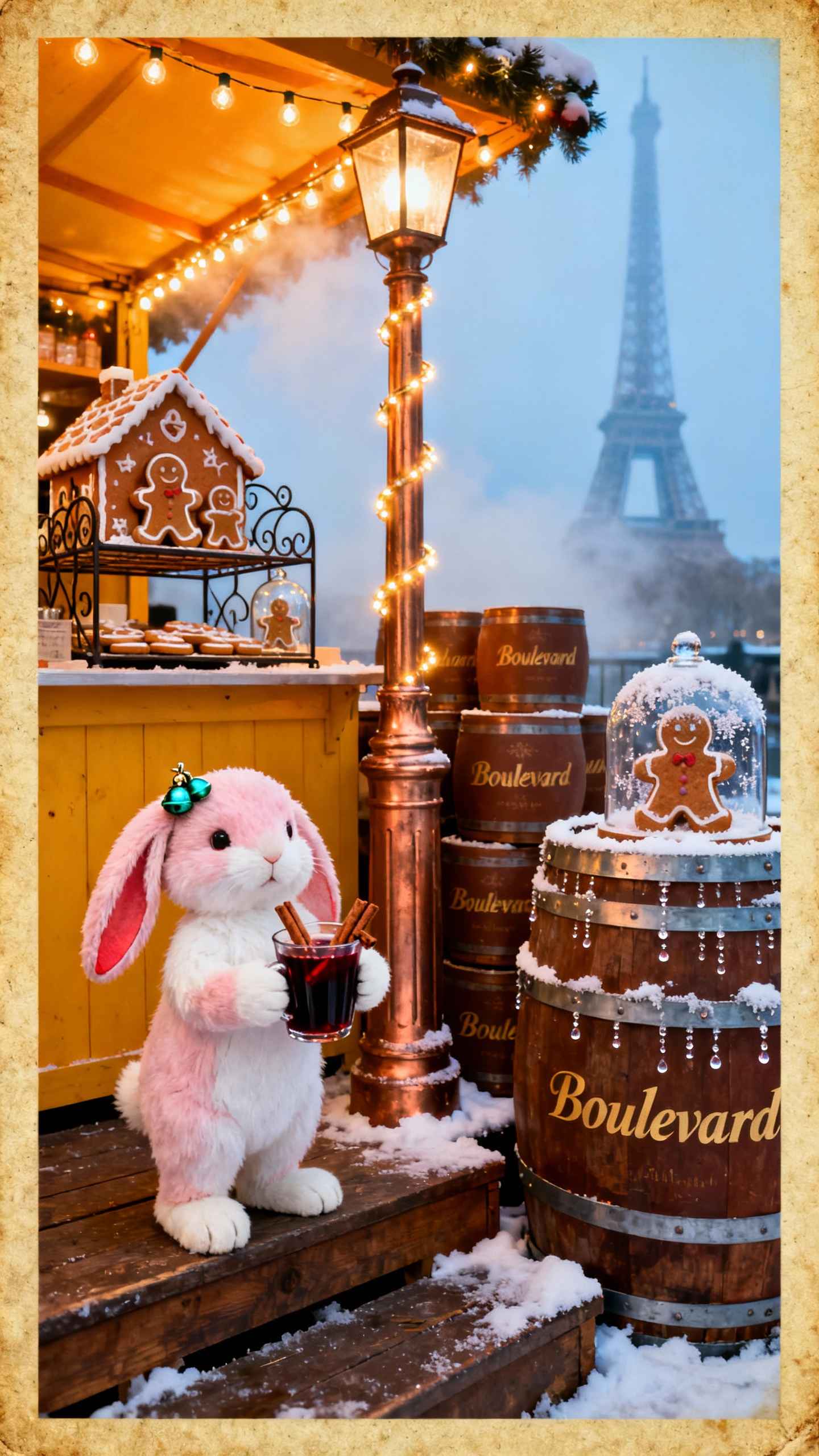 Conejito Rosa en el París Nevado - Fondos 4K