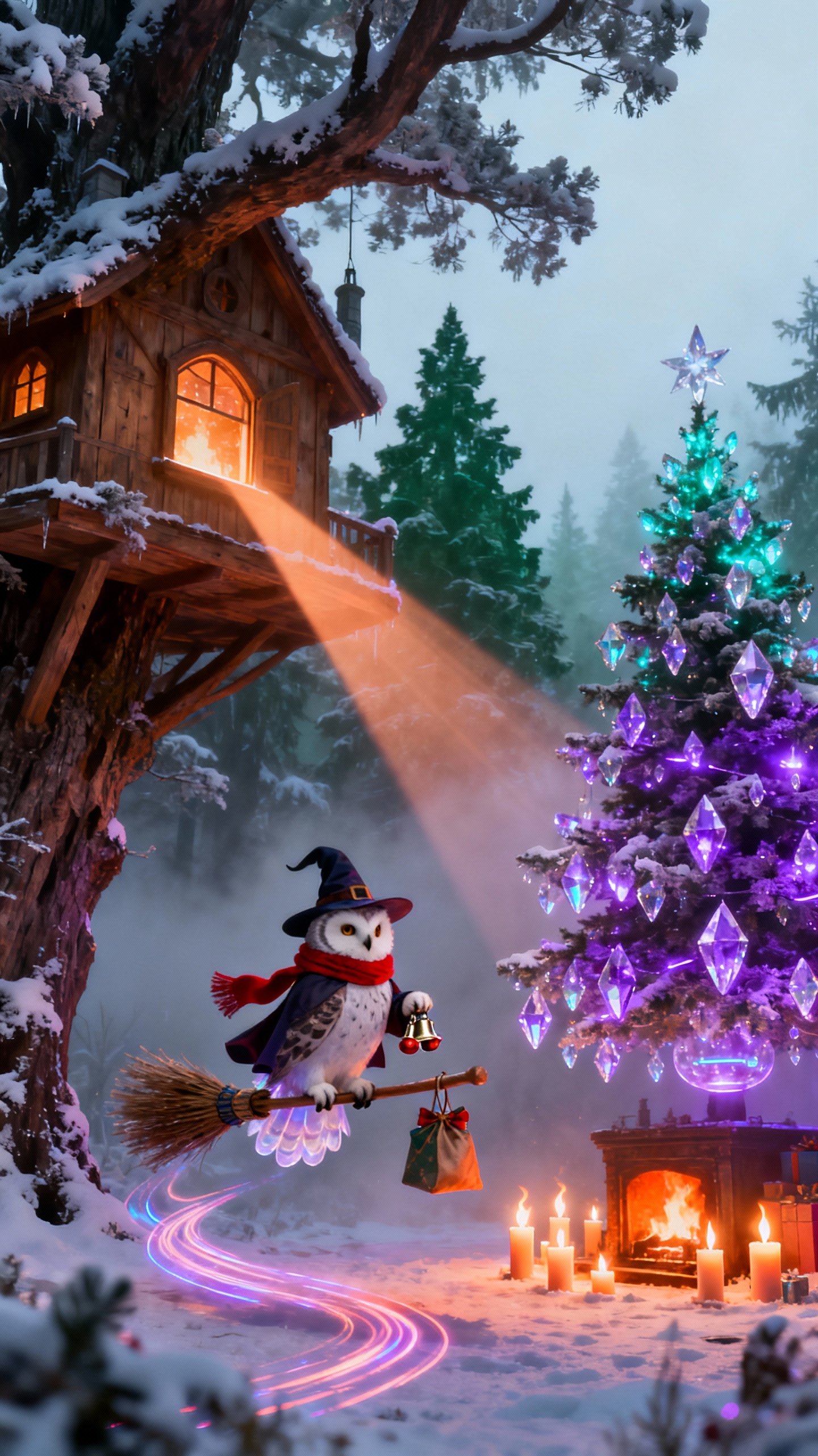 クリスマスの魔法使いフクロウ - 4K壁紙・待ち受け