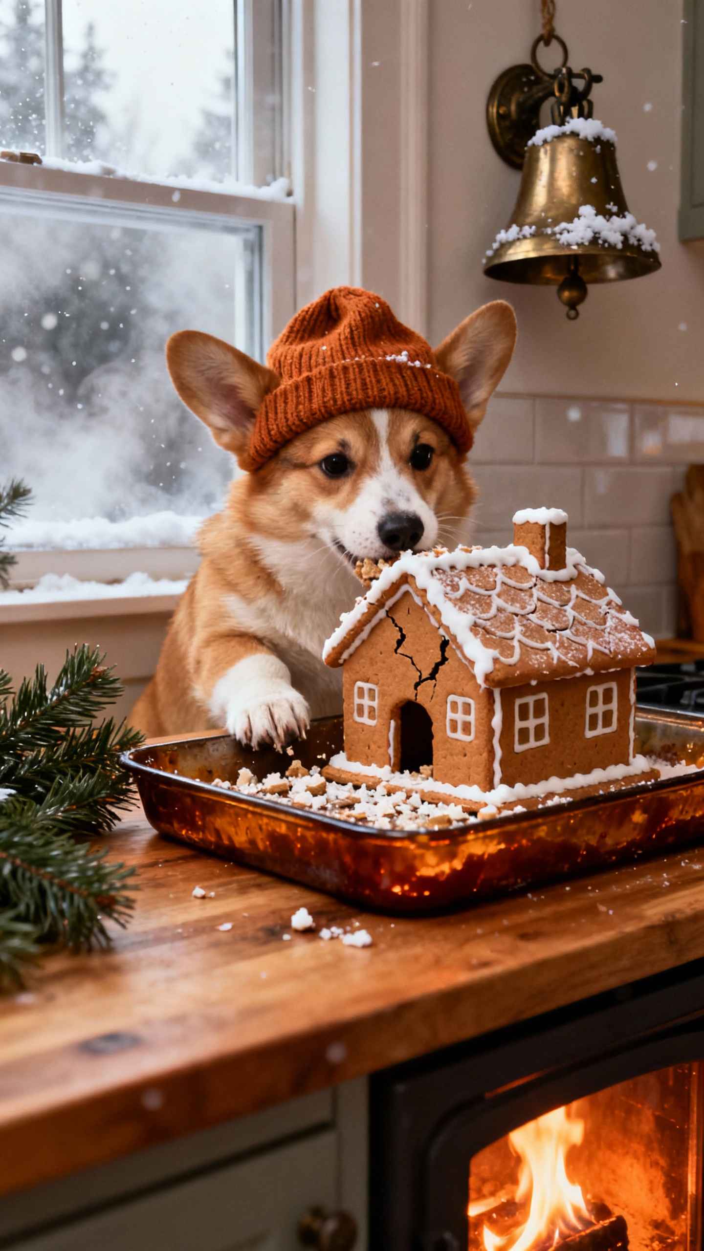 Christmas Corgi with Gingerbread House - 4K Wallpapers
