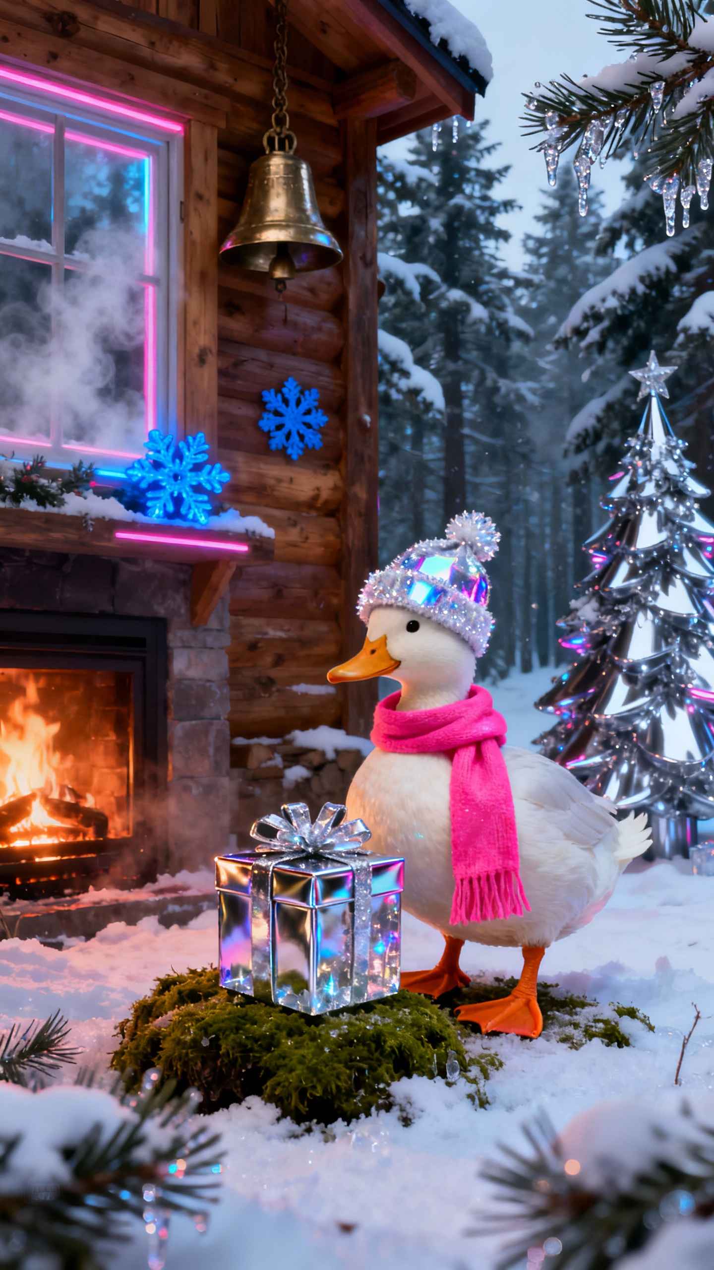 冬のクリスマスアヒルとログハウス - 4K 待ち受け
