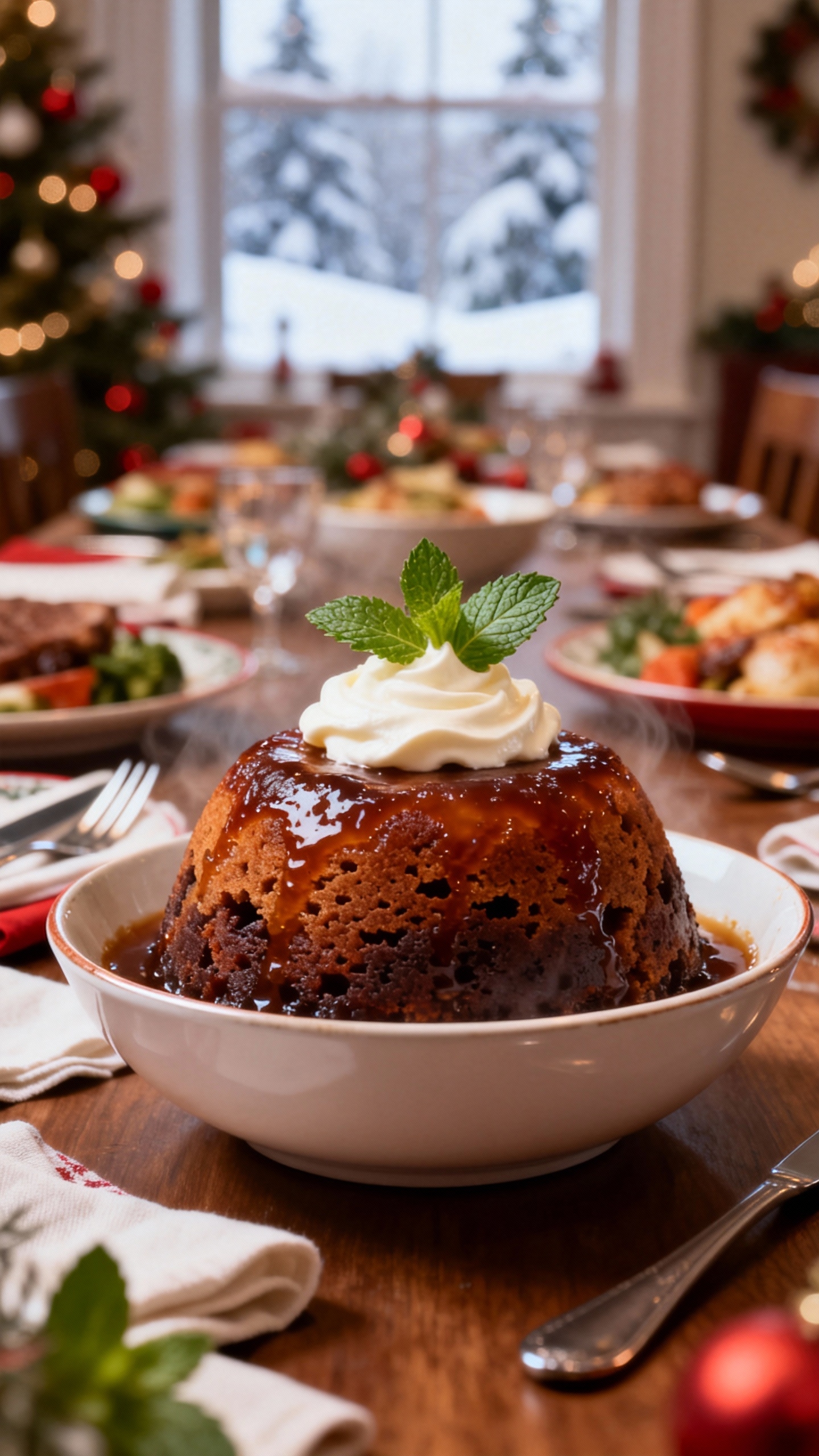 ホイップクリームとミントが乗った、湯気が立つ温かいクリスマスプディング。背景にはクリスマスツリーがある冬の食卓風景。