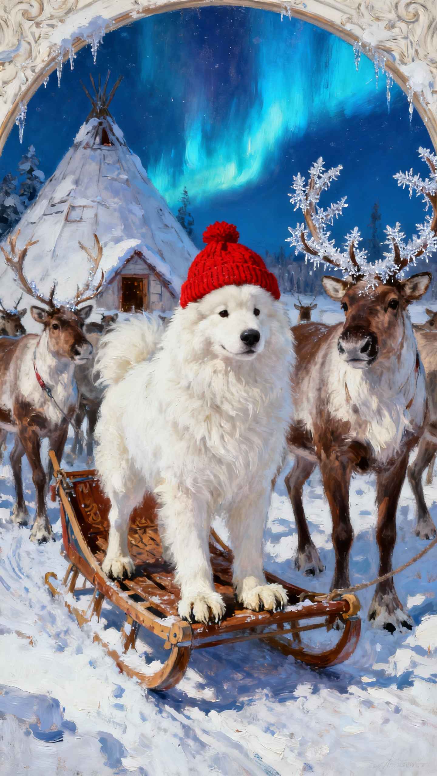 Samoyed and Reindeer Winter Sled - 4K Wallpapers