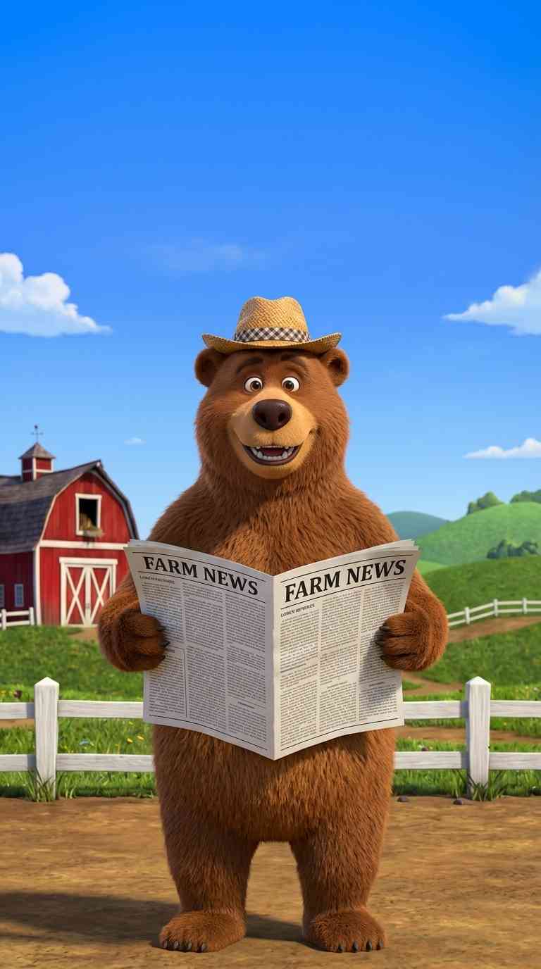 3D Farmer Bear Reading Newspaper - 4K Wallpapers