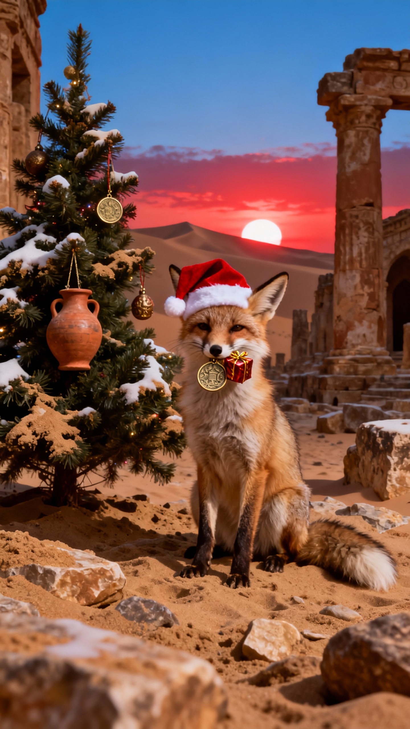Weihnachts-Fuchs in der Wüste - 4K Wallpaper