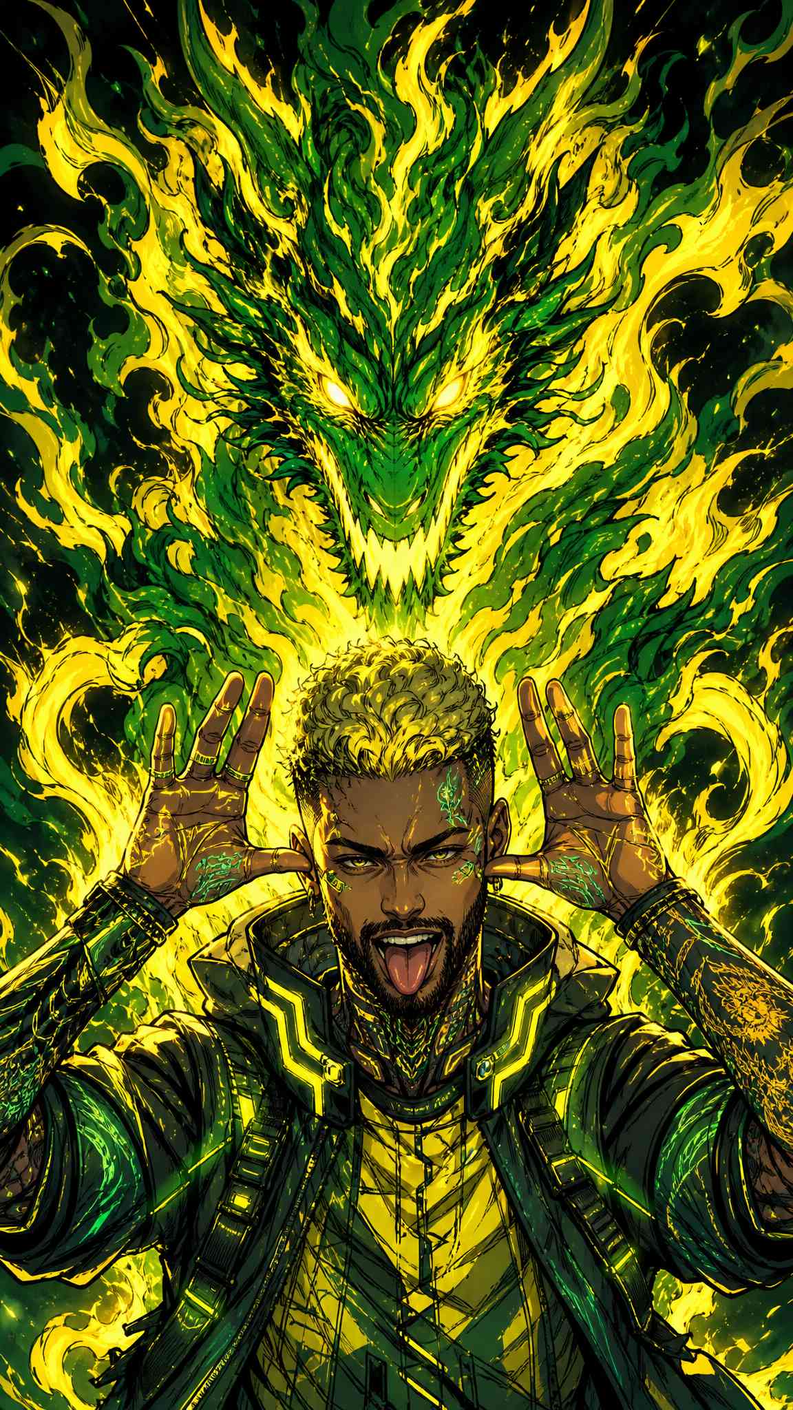 Fond d'Écran 4K Dynamique : Homme Mystique avec Dragon de Flammes Vertes