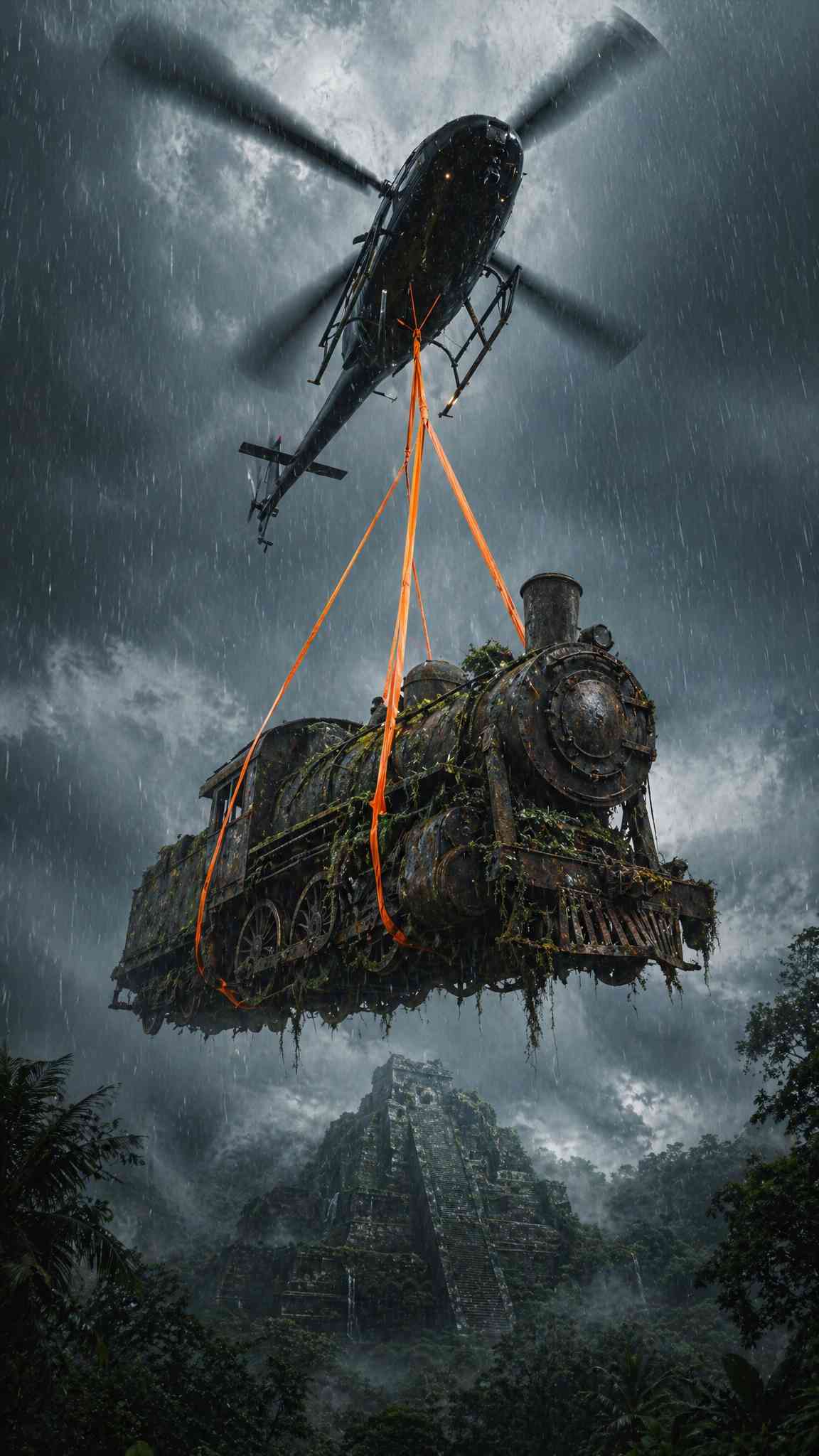 Epic Helicopter Train Lift Over Ancient Jungle Pyramid