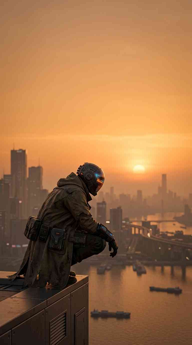 Futuristischer Soldat auf Dach - 4K Wallpaper