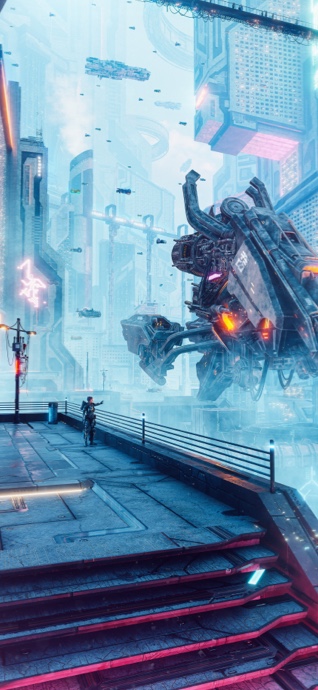 Cyberpunk Stadt Mech - 4K Handy Wallpaper