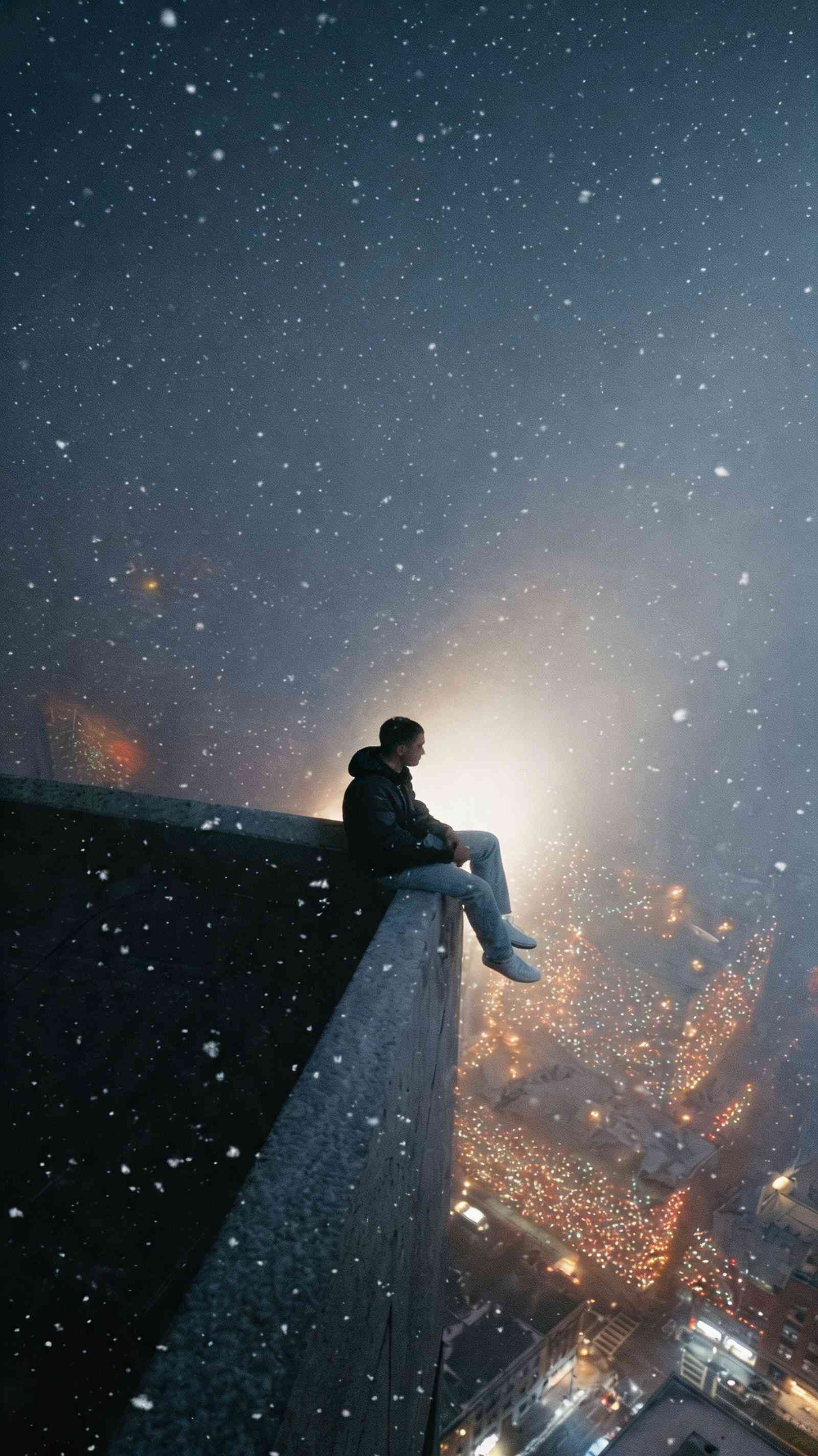 Winter Night Rooftop Man - 4K Mobile Wallpaper