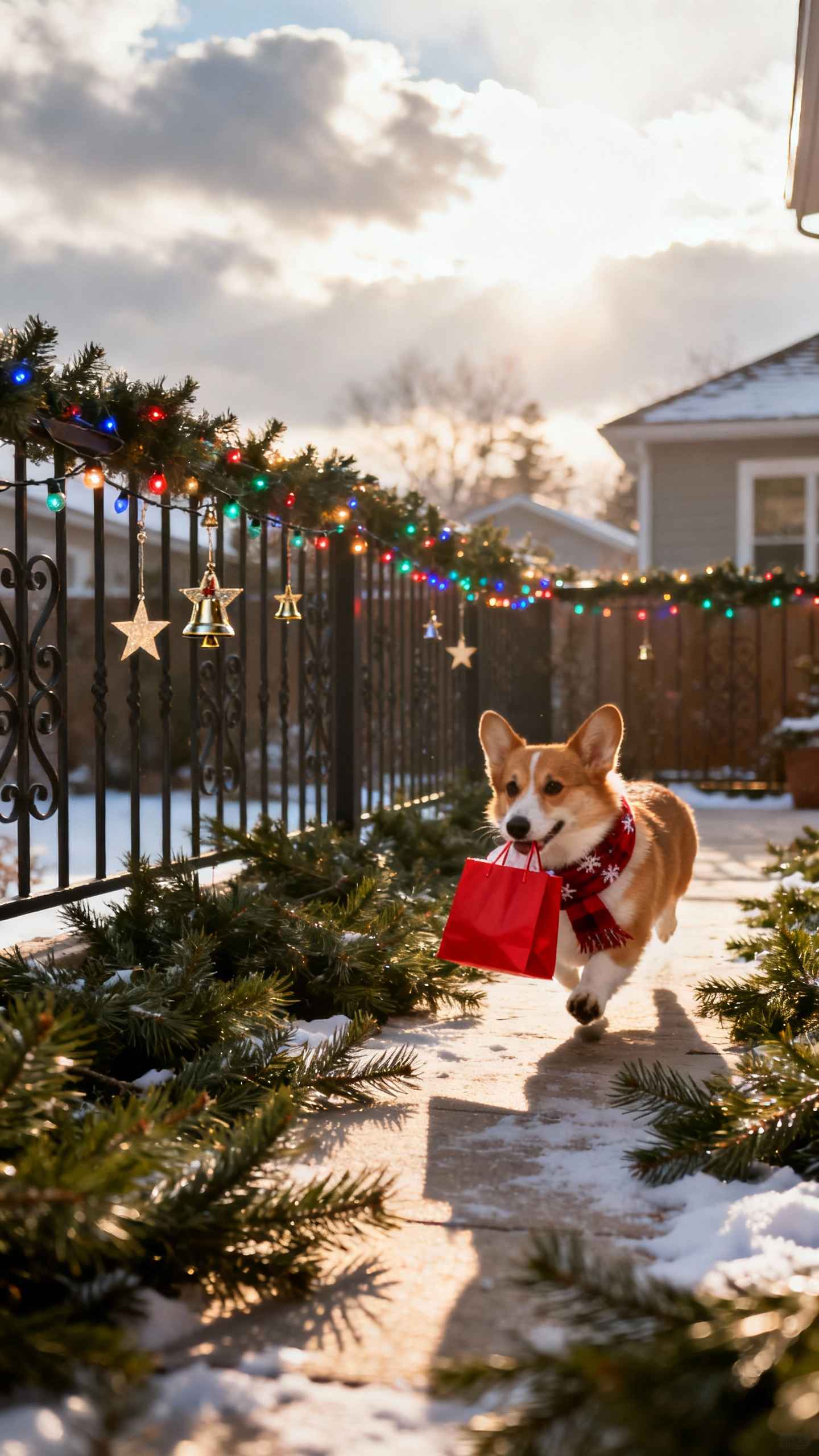 A cute Corgi dog wearing a red snowflake scarf running on a snowy porch, carrying a red gift bag in its mouth, surrounded by Christmas lights and decorations.