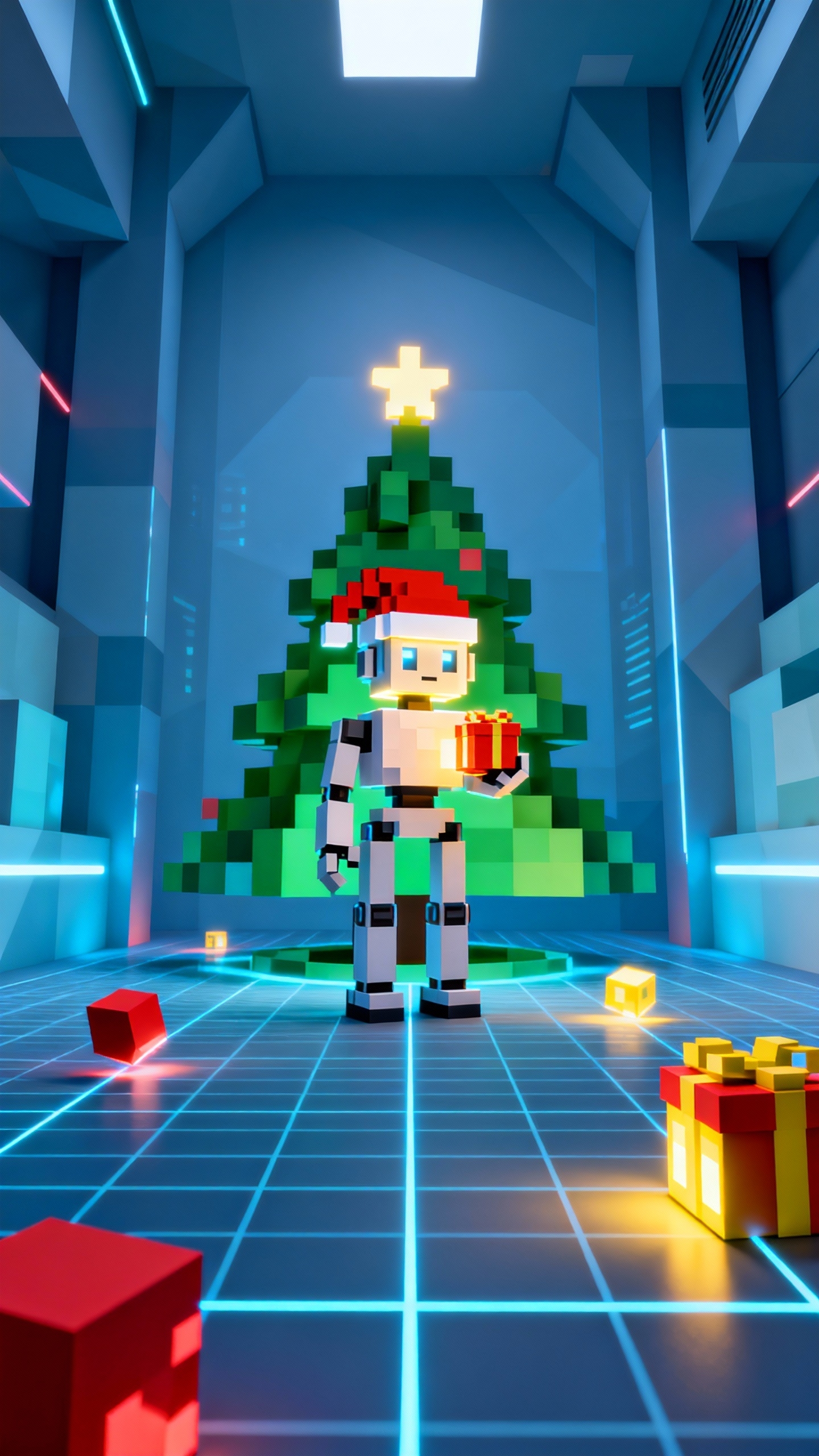 Robot Voxel de Noël - Arrière-plan 4K