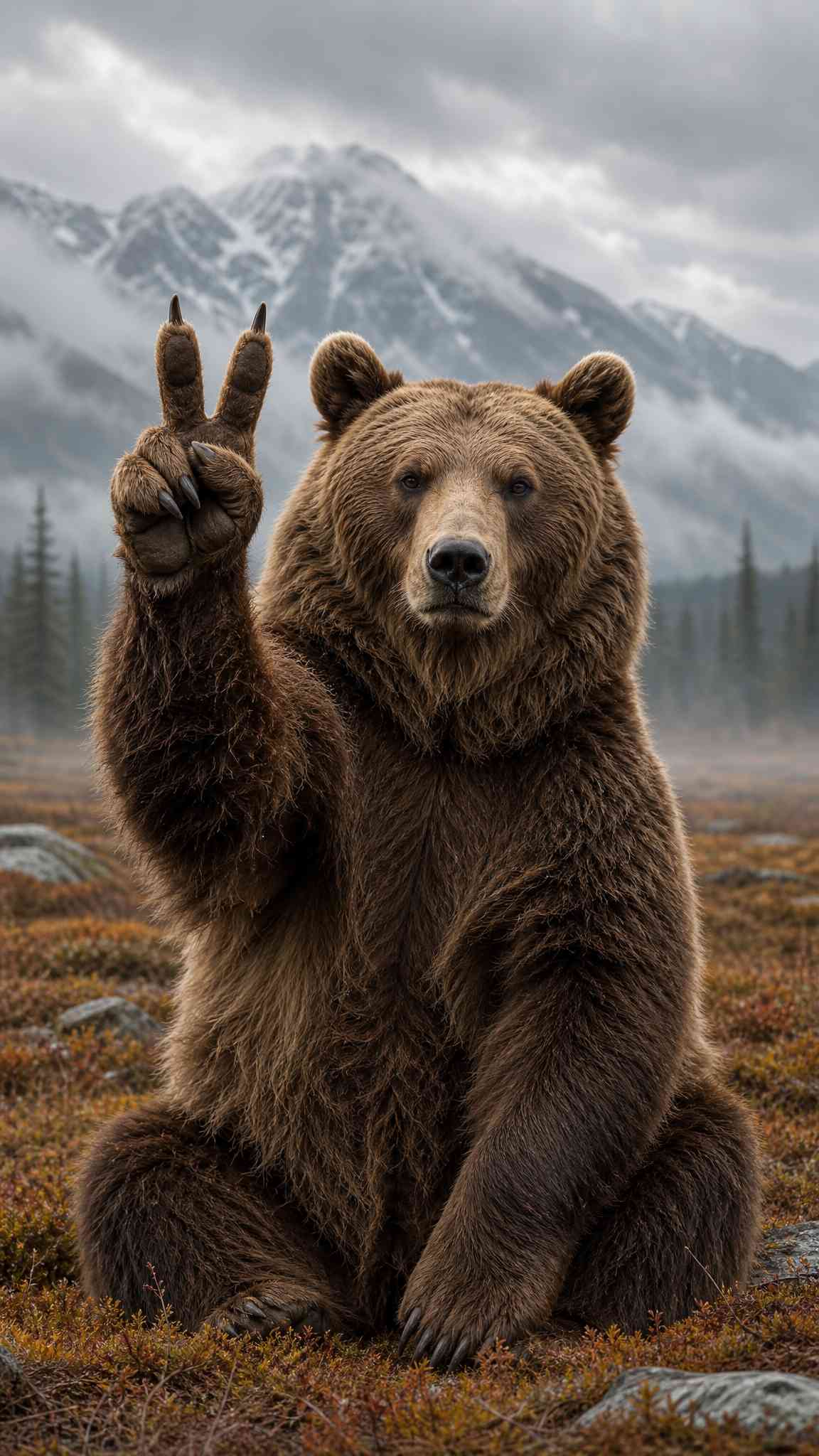 Grizzly Bear Peace Sign - 4K Phone Background