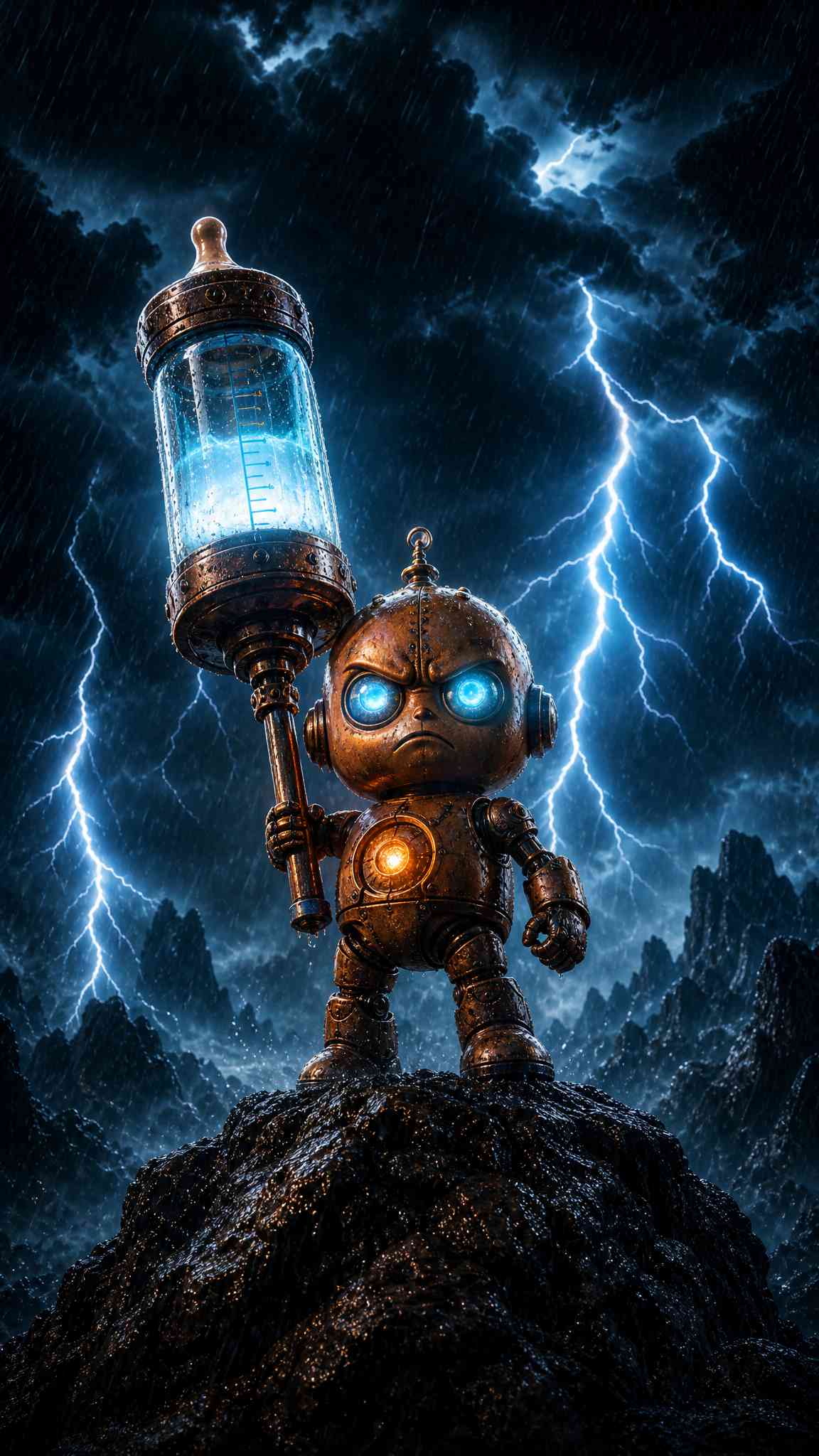 Robot Steampunk y Rayos - Fondo 4K
