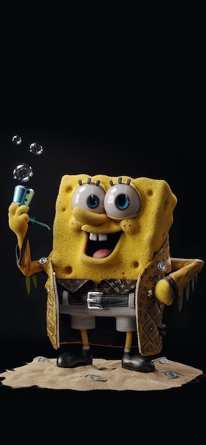 穿著奢華名牌夾克、手持泡泡煙斗的海綿寶寶 3D 寫實桌布，背景為黑色。