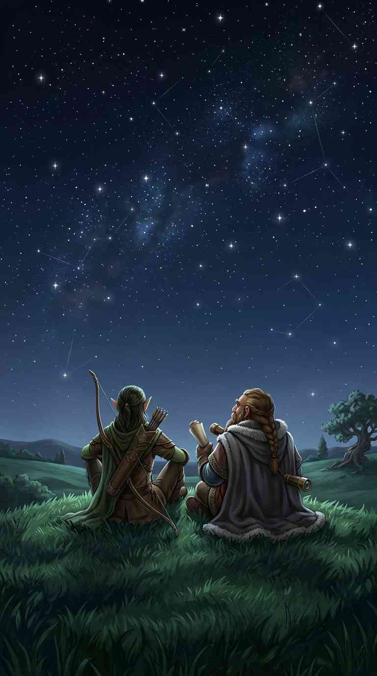 Elf & Zwerg unter Sternenhimmel - 4K Hintergrundbild