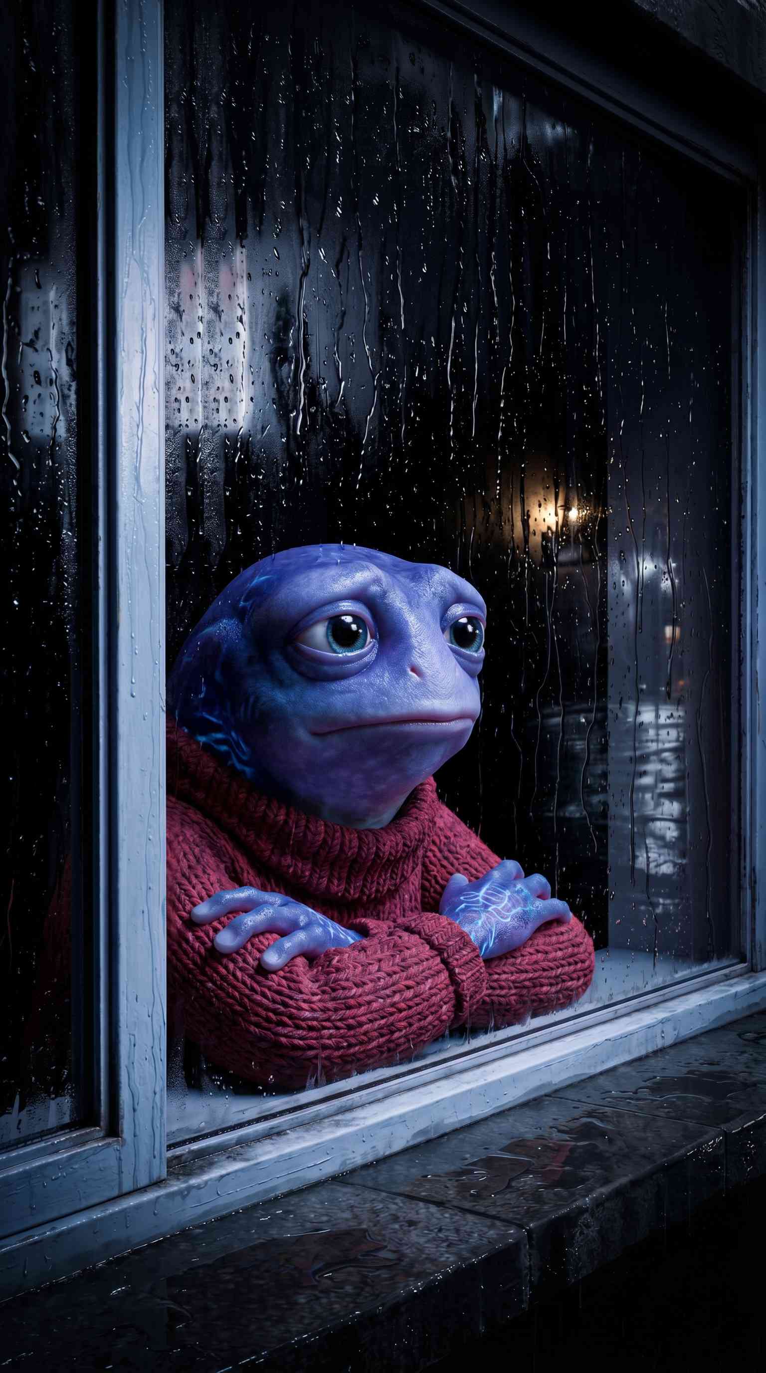 Blue Alien Frog Rainy Night - 4K Phone Background