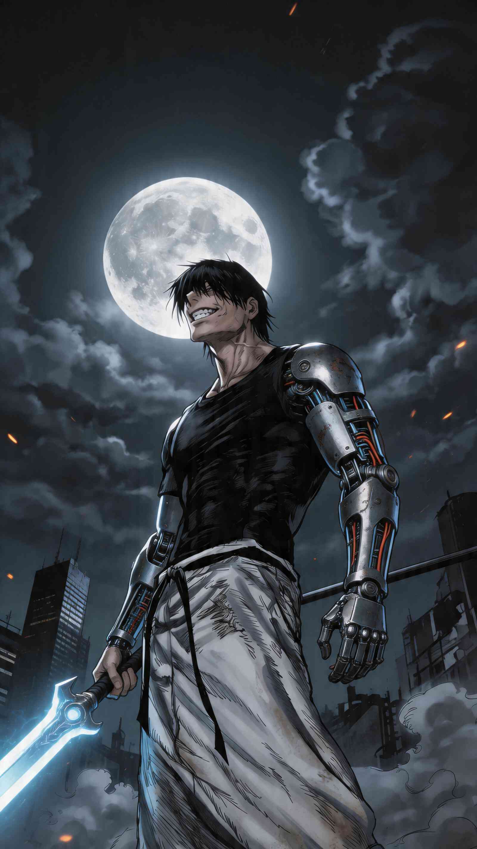 Cybernetic Warrior Under Full Moon 4K Wallpaper