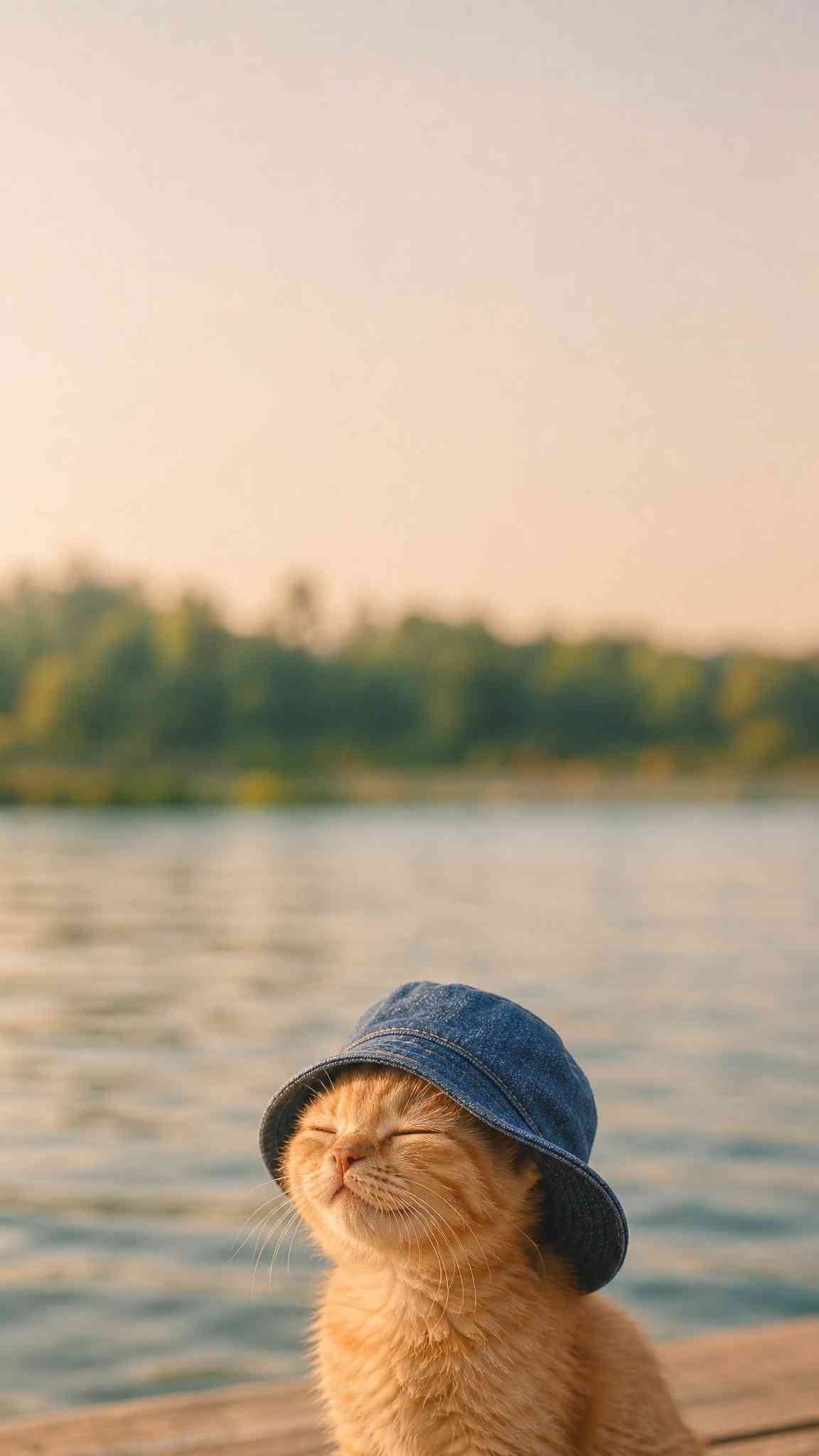 Adorable Cat in Denim Hat Wallpaper