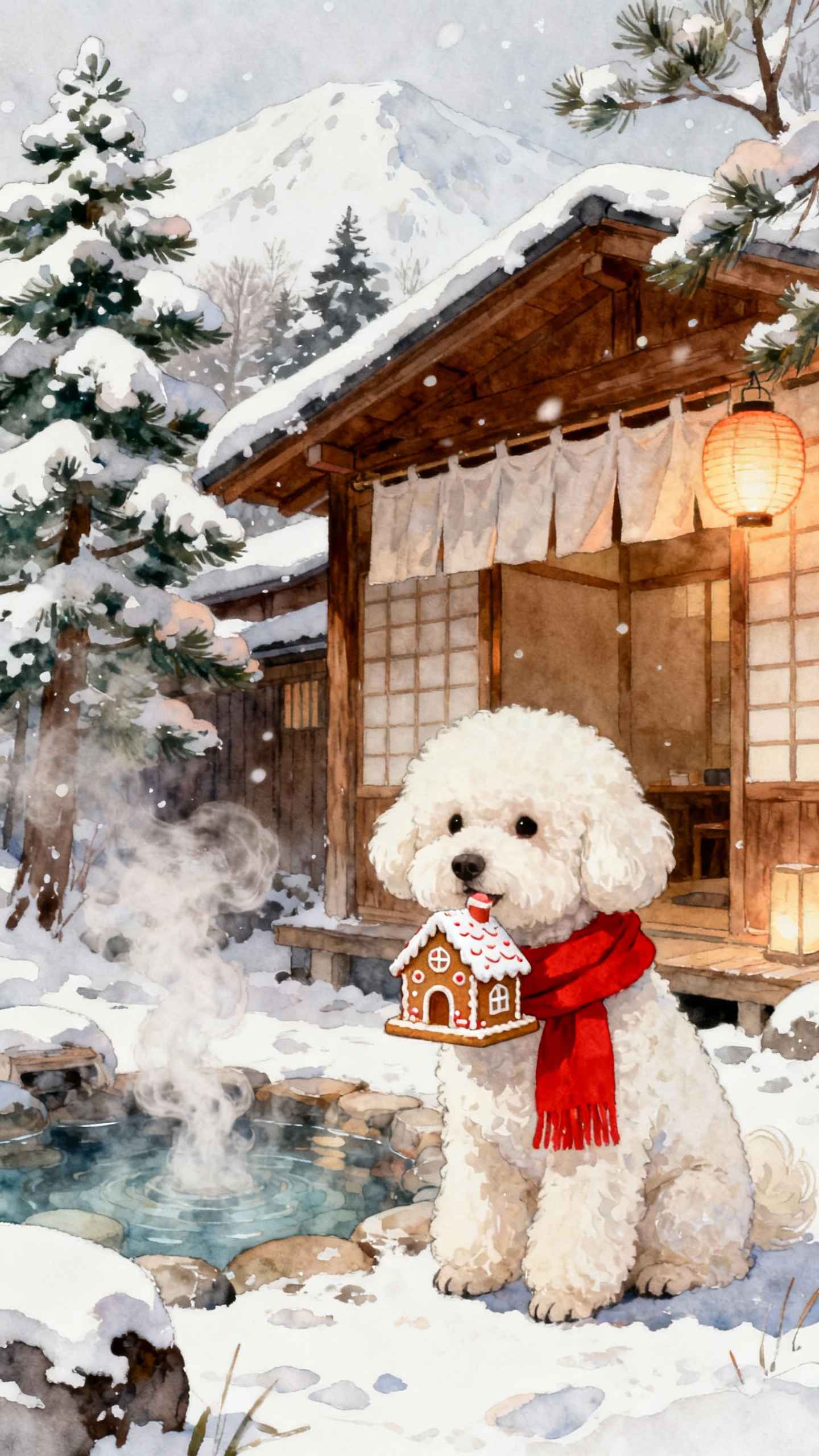Caniche de Noël Onsen - Fond d'Écran 4K