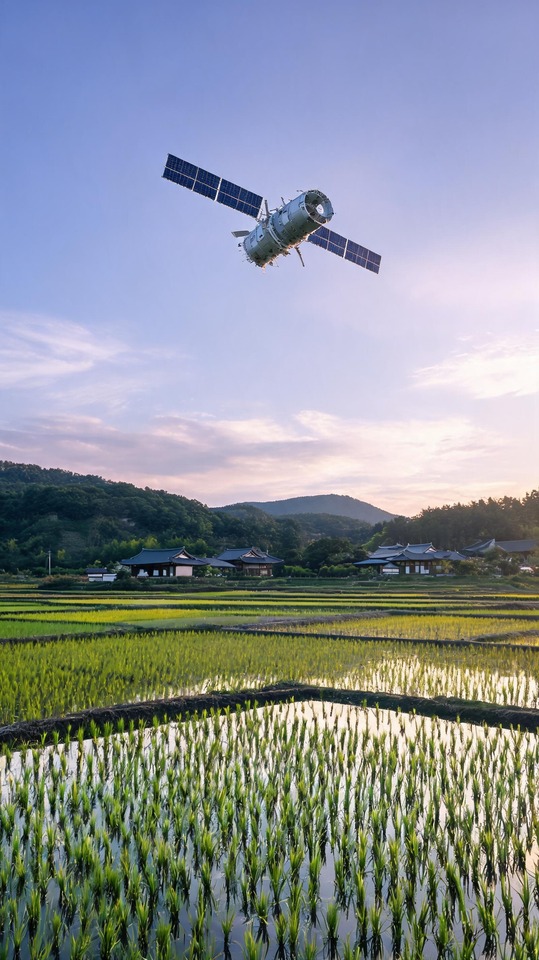 KAI Medium Satellite over Rice Fields - 4K Phone Background
