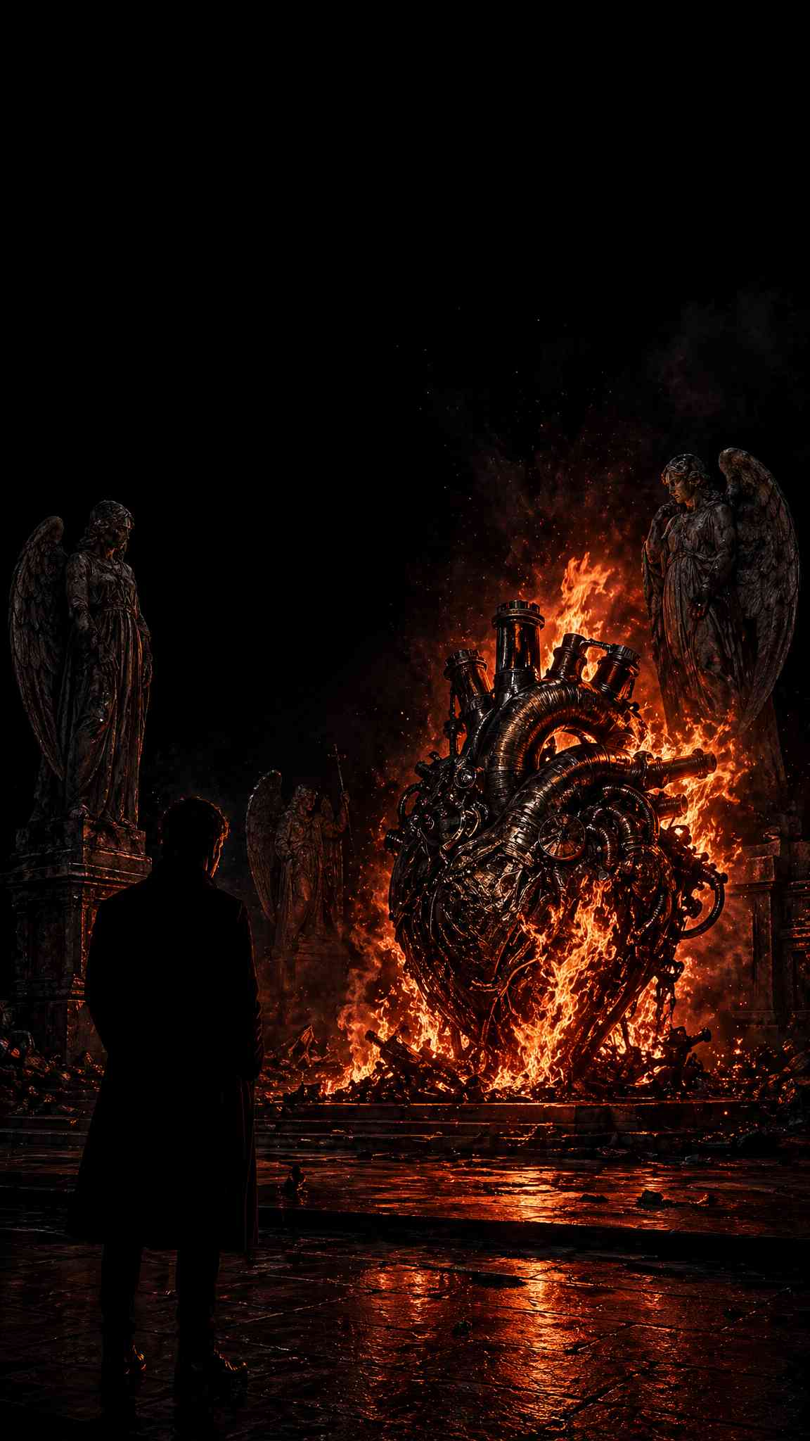 Burning Mechanical Heart: Dark Fantasy 4K Wallpaper