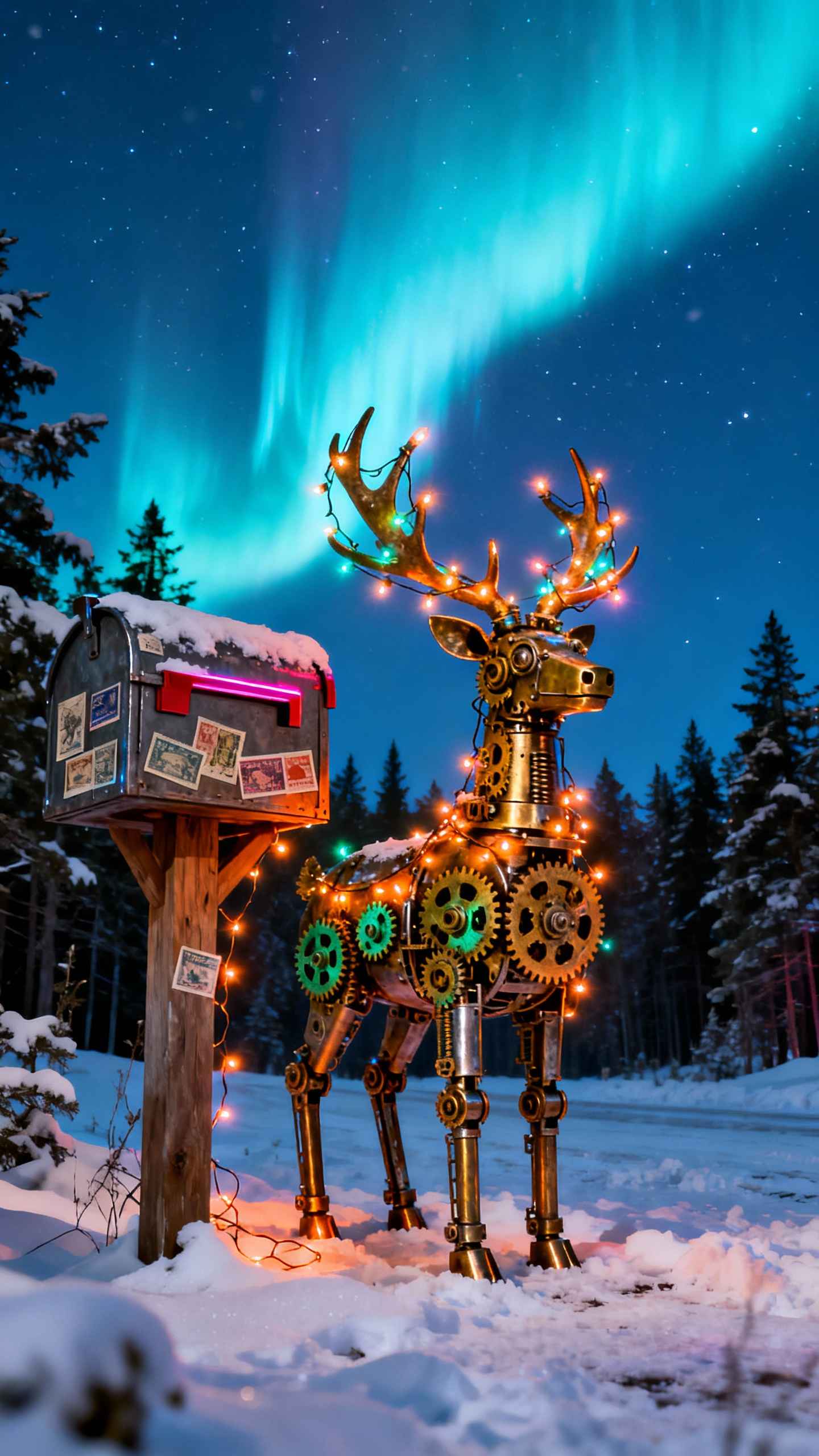 Steampunk Rentier & Polarlichter - 4K Handy Wallpaper