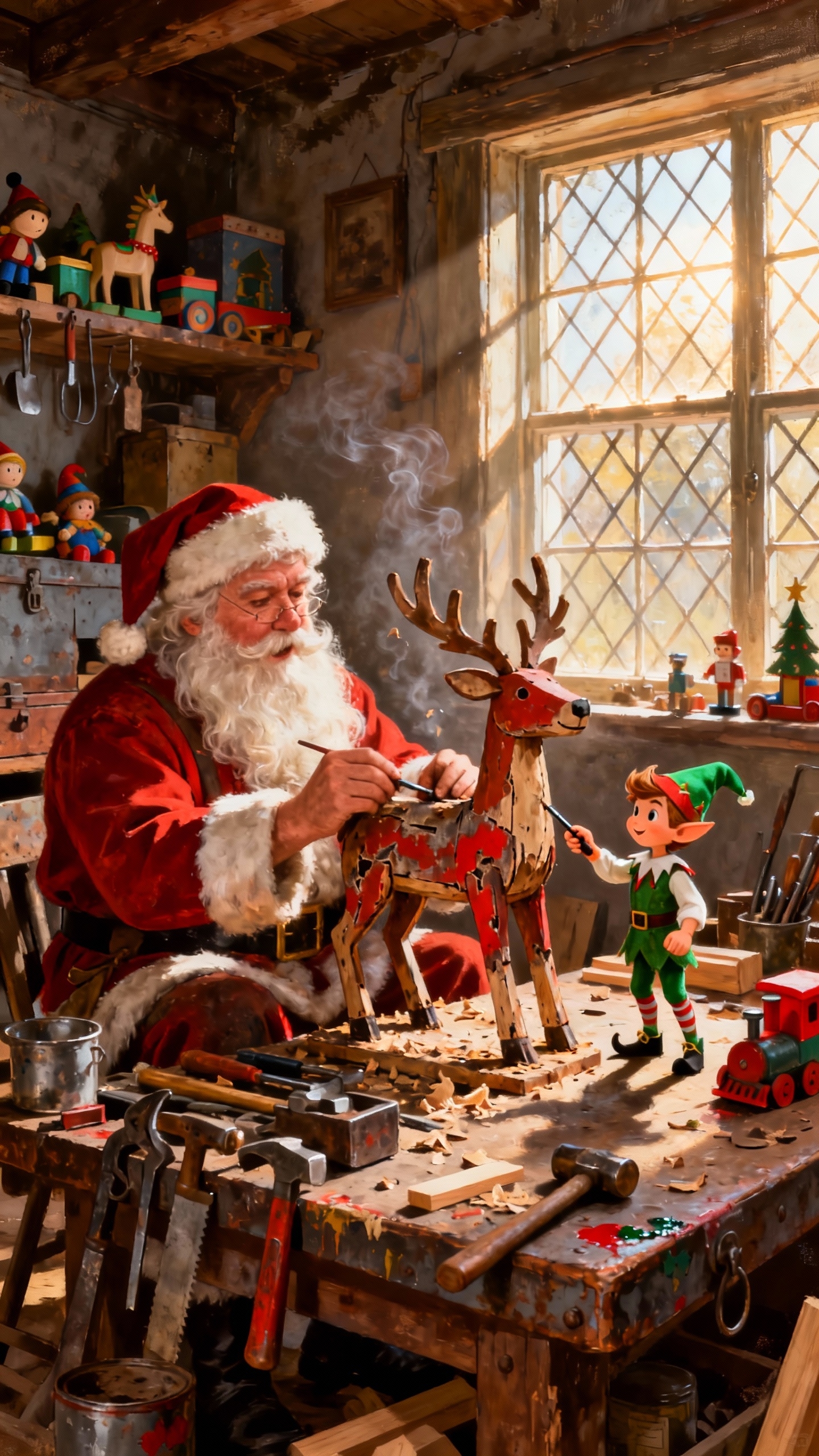 Weihnachtsmann in der Spielzeugwerkstatt - 4K Handy Wallpaper