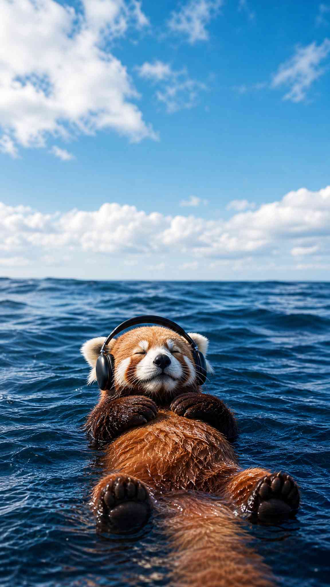 Serene Red Panda in Ocean with Headphones 4K Wallpaper