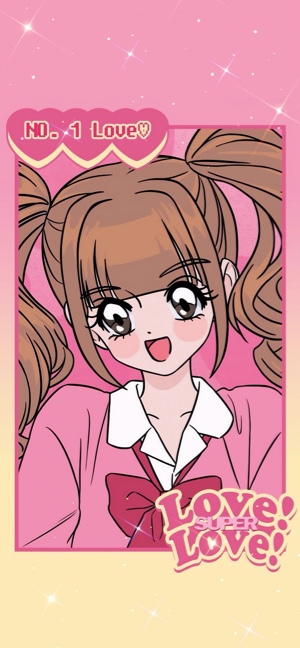 Ein Retro-Anime-Mädchen mit braunen Zöpfen in einem rosa Rahmen mit Glitzer und Love-Schriftzug.