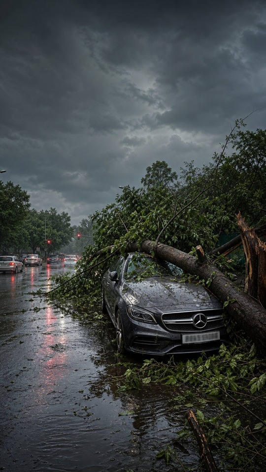 Weather Delhi: Mercedes Crushed by Tree - 4K Wallpaper