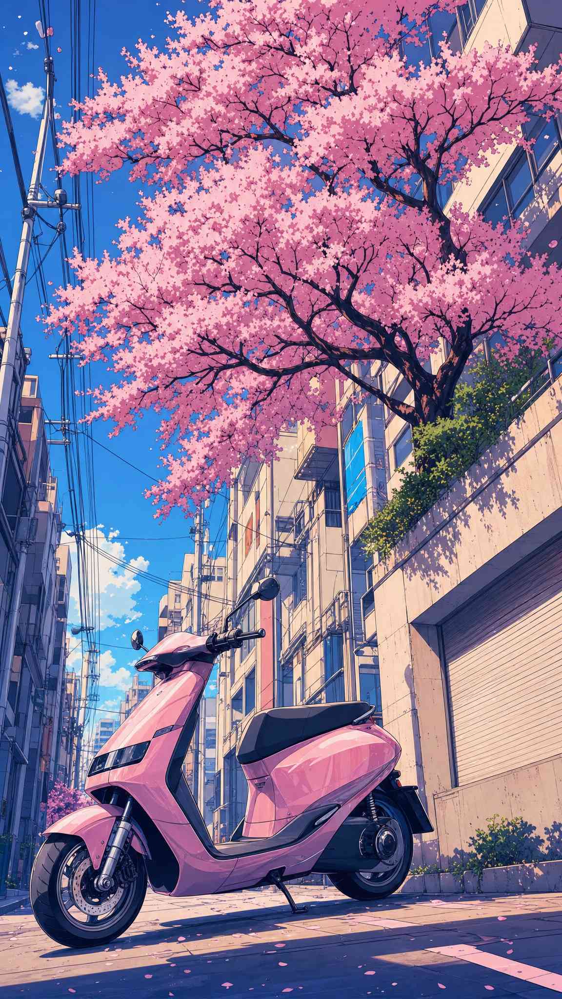 Pink Scooter Sakura Street - 4K Wallpaper