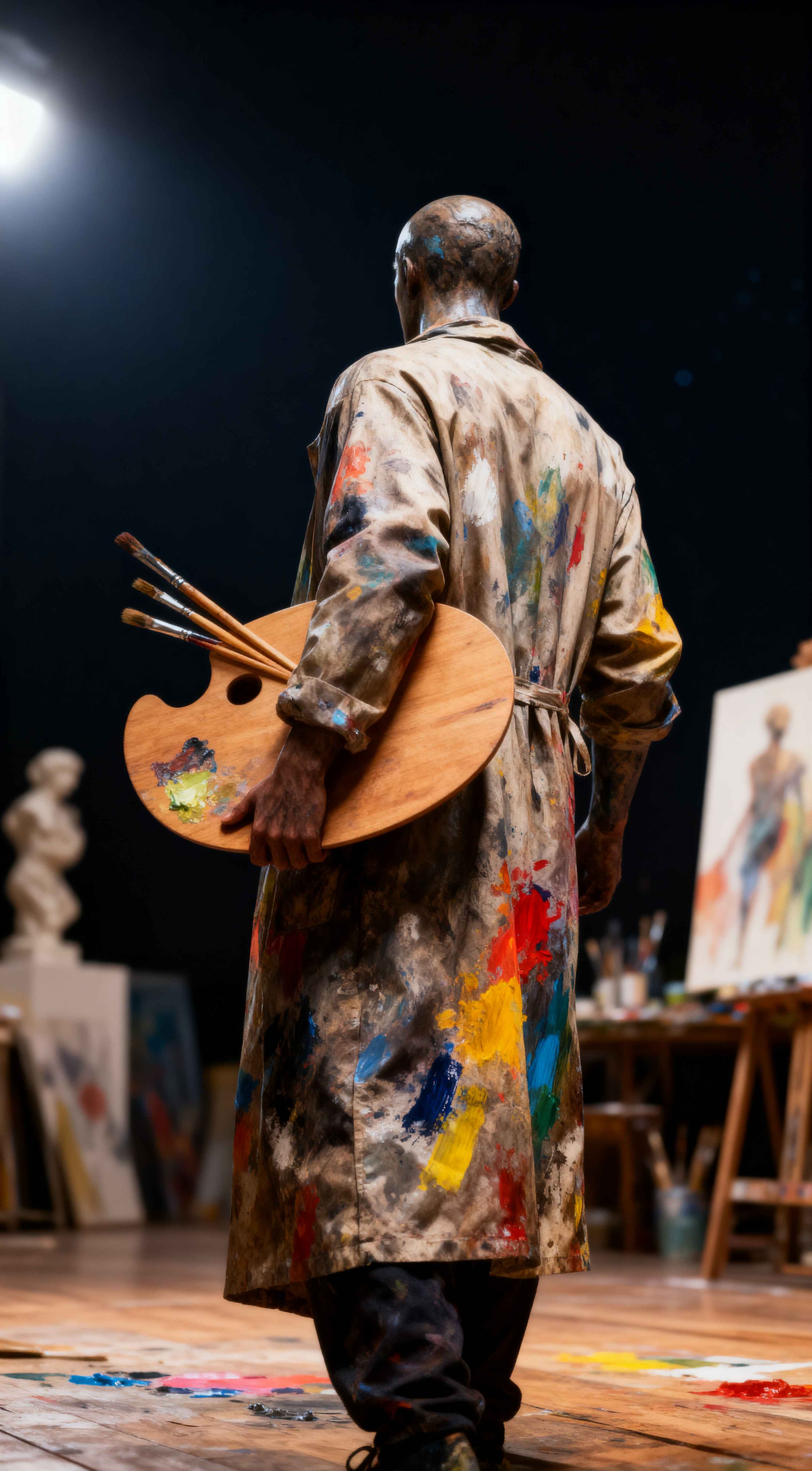 A back view of a male artist in a paint-splattered lab coat holding a wooden palette and brushes in a dark, atmospheric art studio.