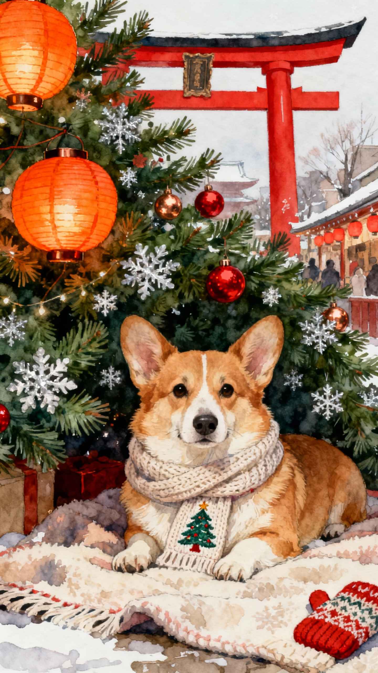 Christmas Corgi Japanese Watercolor - 4K Wallpaper